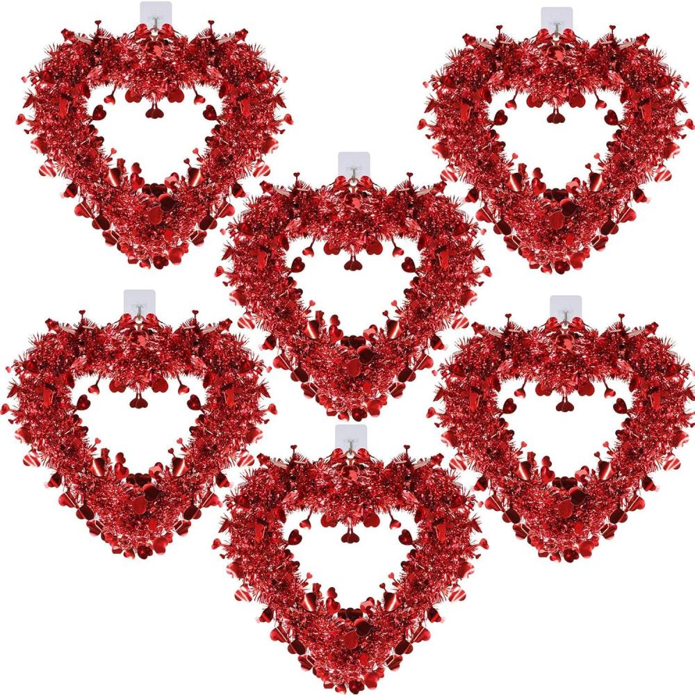 imageWinlyn 6 Pcs Red Valentine Heart Wreaths Tinsel Heart Shaped Wreaths with Foil Hearts Hanging Valentines Day Wreaths Decorations for Wedding Birthday Party Front Door Wall Window Mantel Dcor