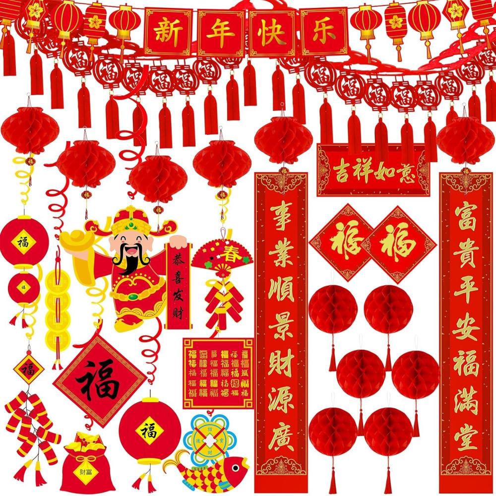 imageWinlyn Bulk Chinese New Year Party Decorations Oriental Hanging Red Lanterns Lucky Garland Party Swirls New Year Banner Honeycomb Balls for Asian Lunar New Year Snake Year Festival Wedding 2025 Decor