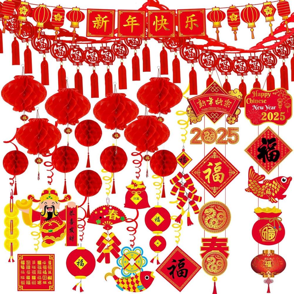 imageWinlyn Chinese Lunar New Year Party Decorations Oriental Red Lanterns Good Luck Garlands Hanging Festive Ornaments Party Swirls New Year Banner Honeycomb Balls for Asian Snake Year Wedding 2025 Decor