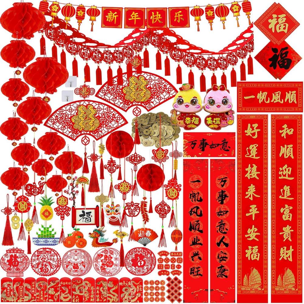 imageWinlyn Chinese Lunar New Year Party Decorations Red Lanterns Hanging Good Luck Ornaments Hong Bao Coins Oriental Luck Garland Chinese Paper Cutting for Asian 2025 Snake Year Festival Wedding Decor