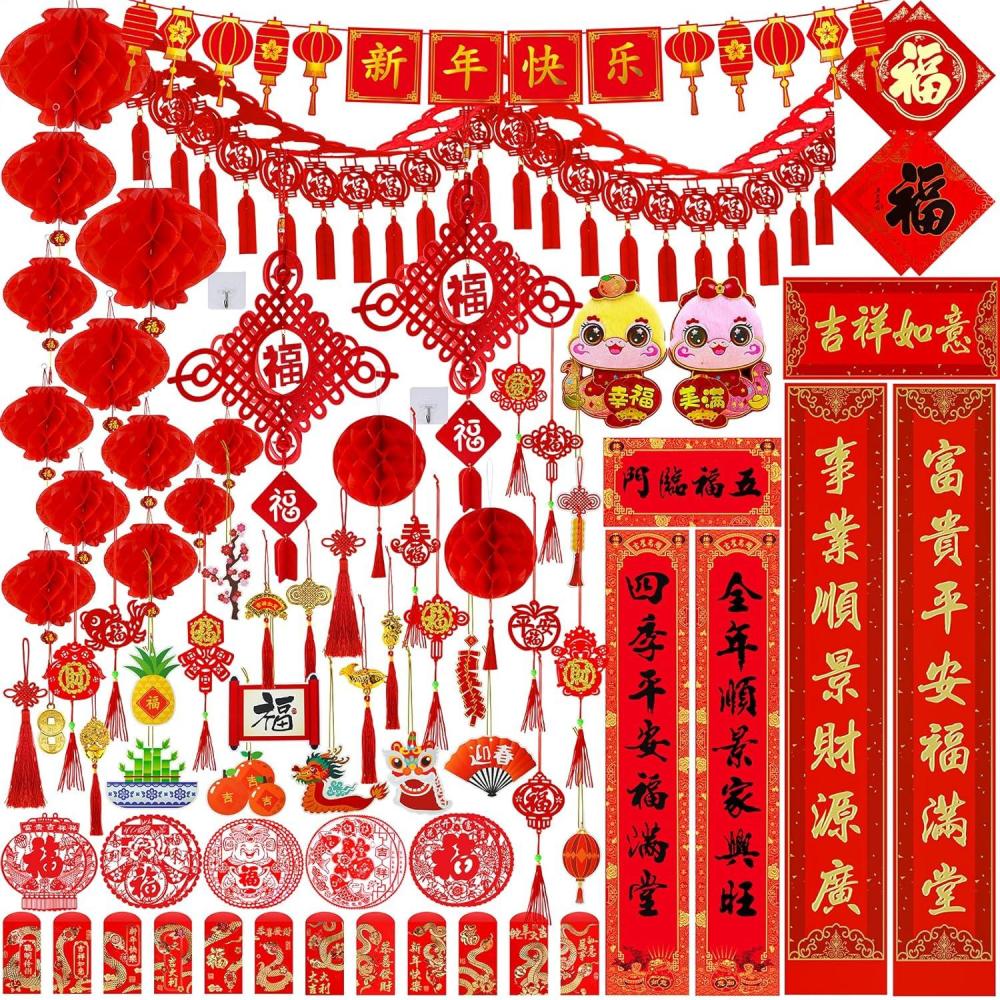 imageWinlyn Chinese New Year Party Decorations Good Luck Garlands Red Lanterns Hanging 3D Red FU Ornaments Good Luck Tree Ornaments Hong Bao Paper Cutting for Asian Lunar New Year 2025 Snake Year Decor