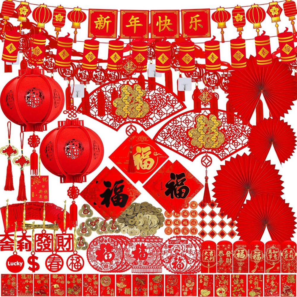 imageWinlyn Chinese New Year Party Decorations Red Lanterns Paper Fans Red Envelopes Hong Bao Coins Oriental Lucky Garland Chinese Knot Tassel FU Character Paper Cutting for Asian Lunar New Year 2025 Decor