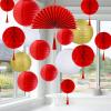 Winlyn 22 Pcs Chinese New Year Decorative Red Gold White Round Paper Lanterns Honeycomb Balls Paper Fans Oriental Hanging Party Decorations for Asian Chinese Japanese Lunar New Year Festival Wedding