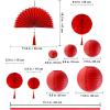 Winlyn 22 Pcs Chinese New Year Decorative Red Gold White Round Paper Lanterns Honeycomb Balls Paper Fans Oriental Hanging Party Decorations for Asian Chinese Japanese Lunar New Year Festival Wedding