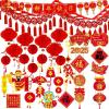 Winlyn Chinese Lunar New Year Party Decorations Oriental Red Lanterns Good Luck Garlands Hanging Festive Ornaments Party Swirls New Year Banner Honeycomb Balls for Asian Snake Year Wedding 2025 Decor