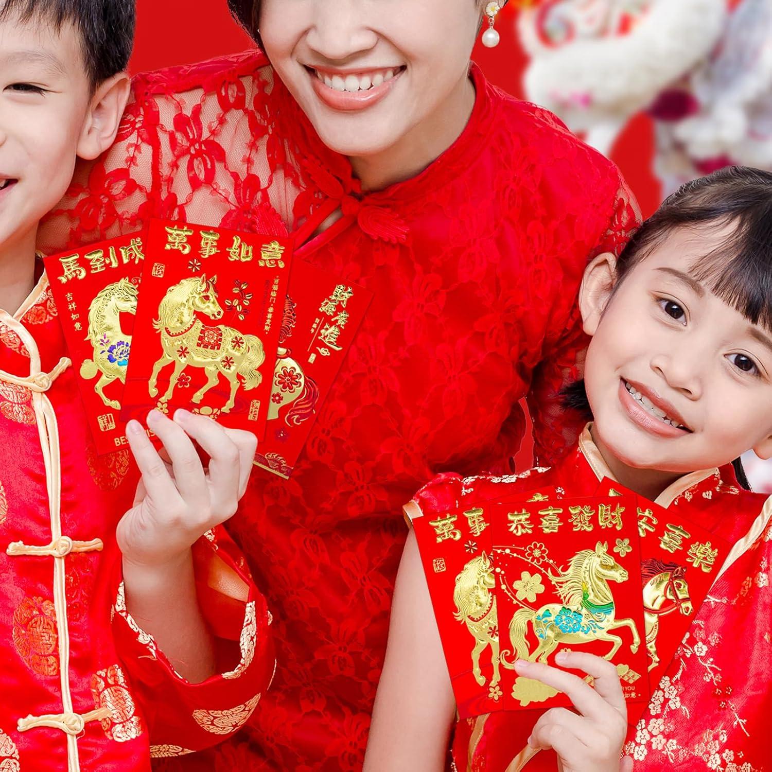 imageSupla 120 Pcs 24 Designs Chinese New Year Red Envelopes Bulk Lucky Money Pockets Hong Bao Lai See Red Packets Lucky Cash Envelopes for Asian Vietnamese Chinese Lunar New Year 2026 Year of the Horse