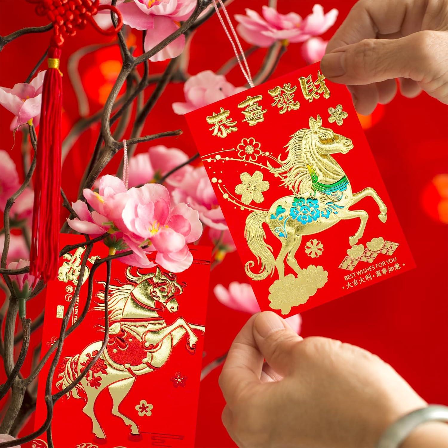 imageSupla 120 Pcs 24 Designs Chinese New Year Red Envelopes Bulk Lucky Money Pockets Hong Bao Lai See Red Packets Lucky Cash Envelopes for Asian Vietnamese Chinese Lunar New Year 2026 Year of the Horse