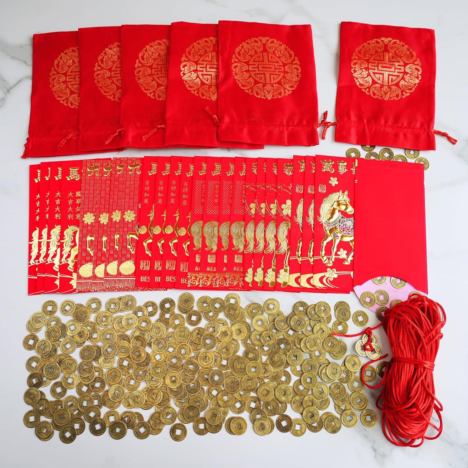 imageSupla 300 Pcs Chinese Lucky Coins Decorations Feng Shui Coins Fortune Coins Good Luck Coins Lucky Bag Hong bao for Asian Chinese Lunar New Year Health Wealth Bracelet Charms 2026 Year of The Horse