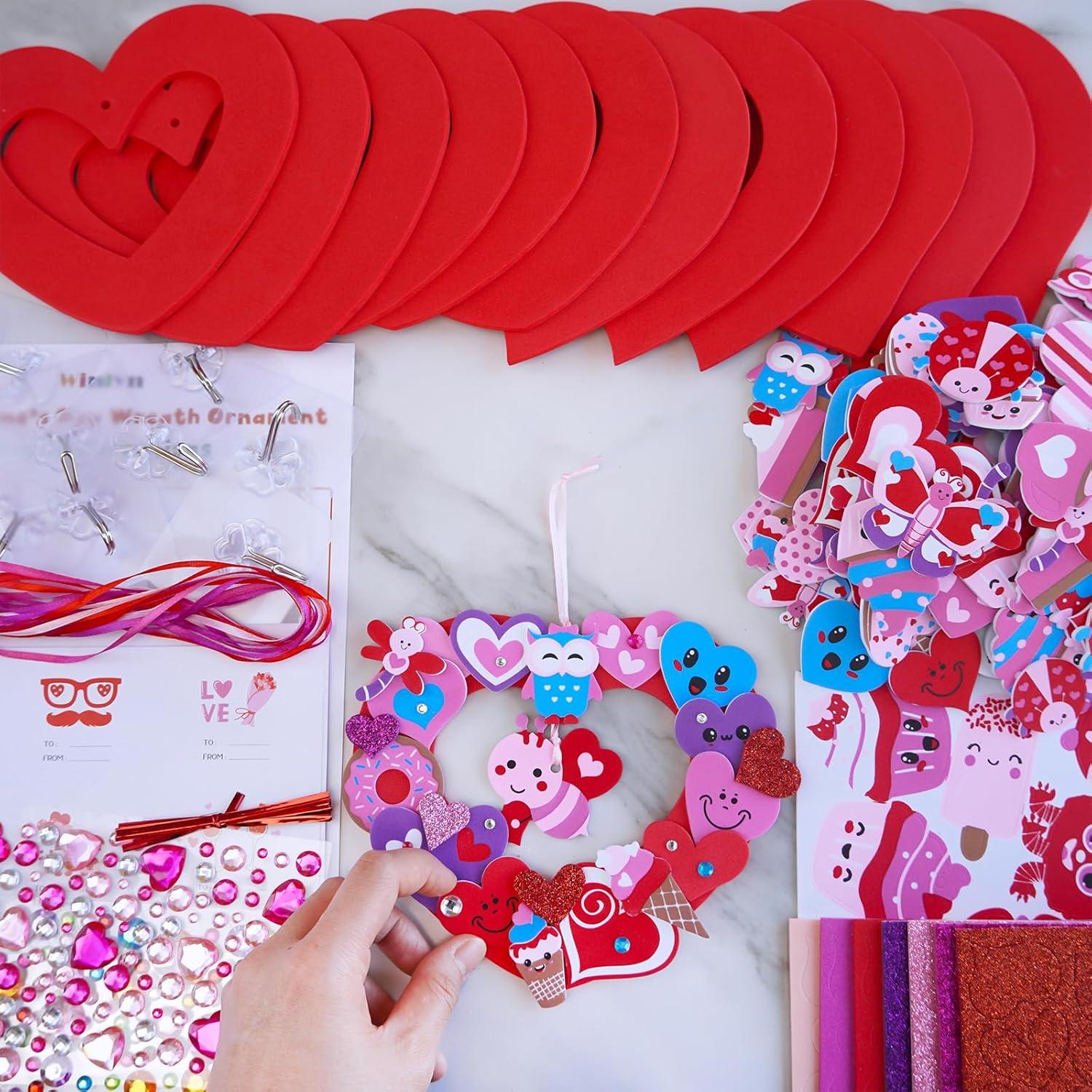 imageWinlyn 12 Sets Heart Wreath Ornaments Decorations Valentine Crafts Kits Heart Shaped Wreath Art Sets Valentine Heart Foam Stickers for Kids Valentines Day Party Classroom Activities Gift Exchange
