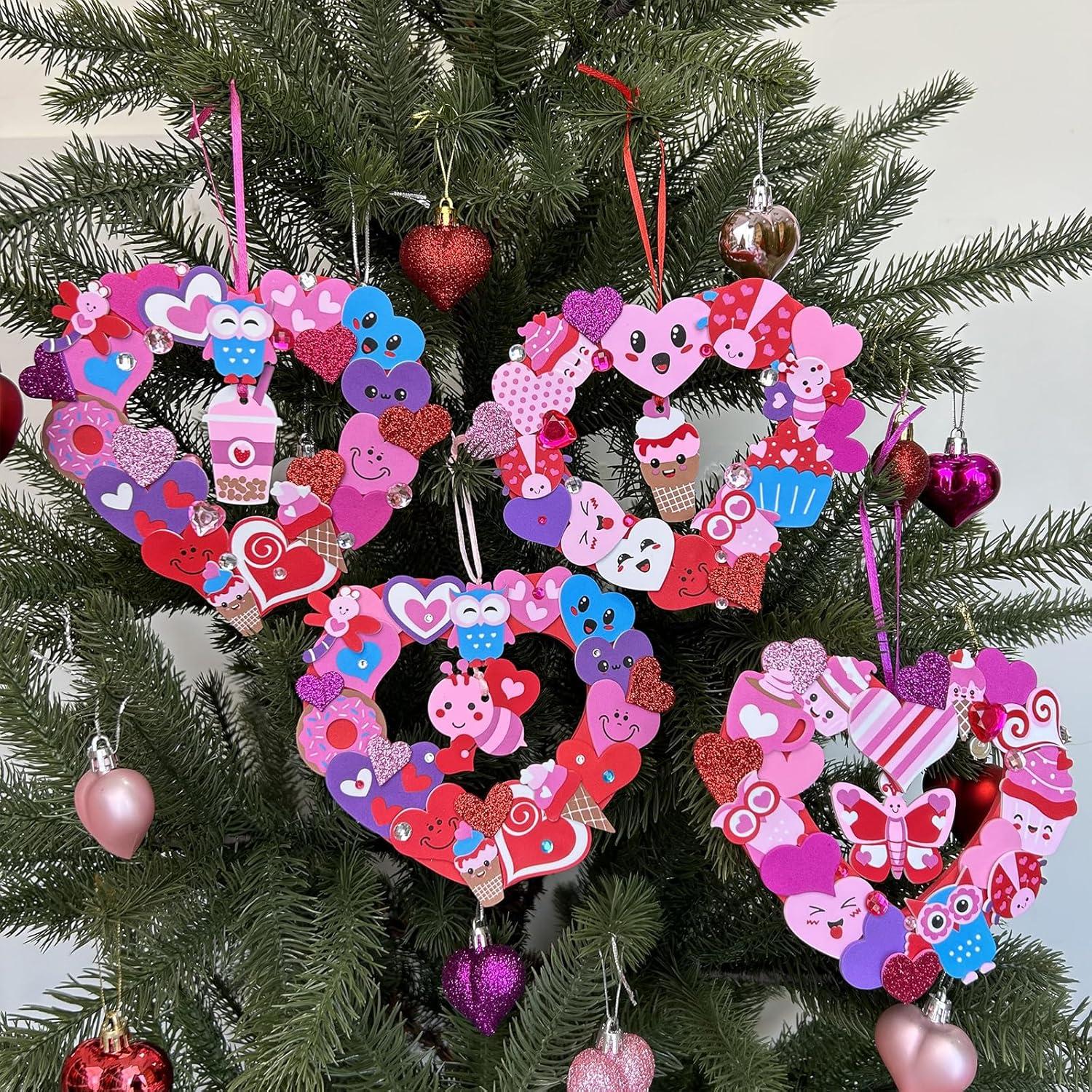 imageWinlyn 12 Sets Heart Wreath Ornaments Decorations Valentine Crafts Kits Heart Shaped Wreath Art Sets Valentine Heart Foam Stickers for Kids Valentines Day Party Classroom Activities Gift Exchange