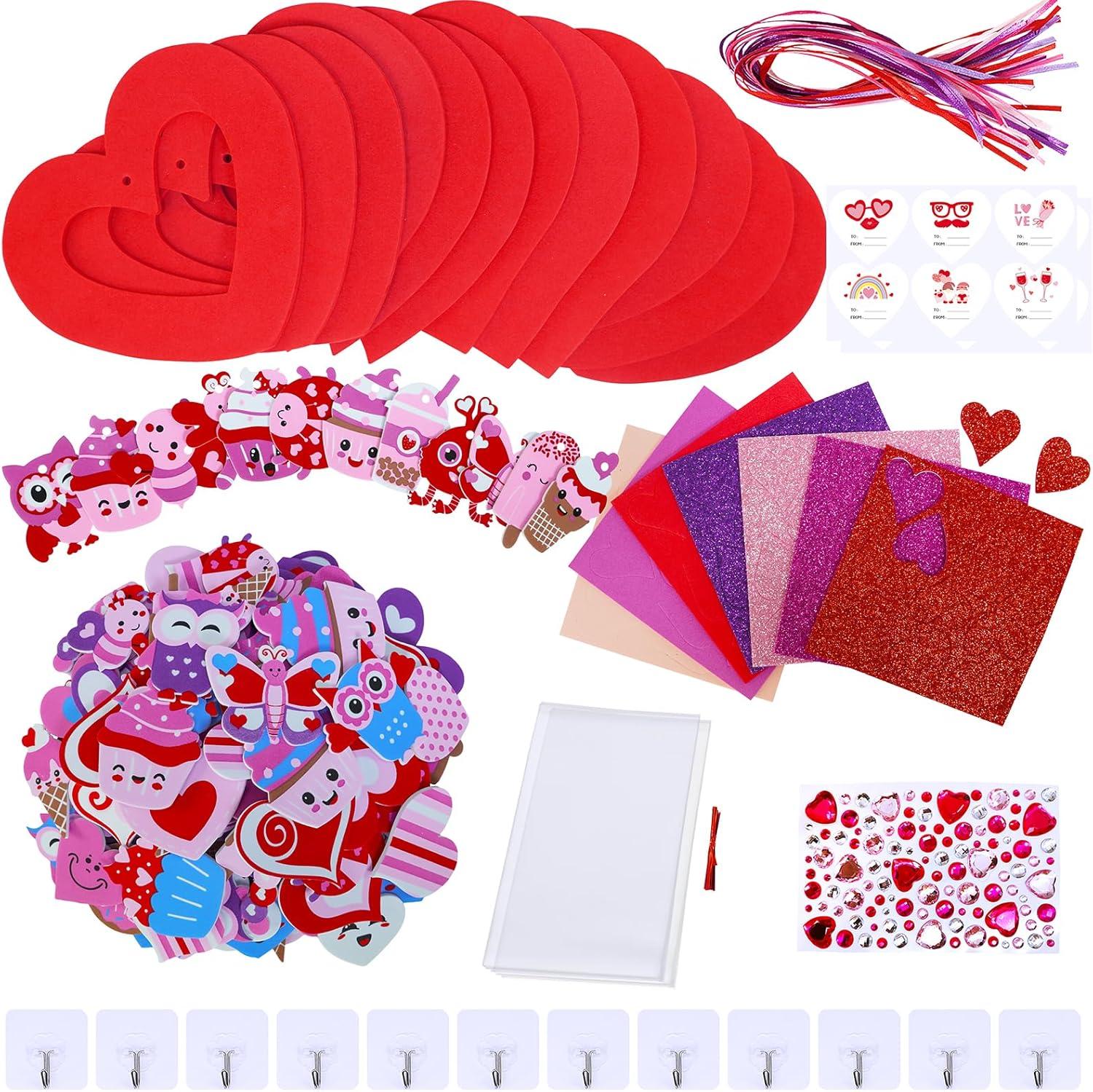 imageWinlyn 12 Sets Heart Wreath Ornaments Decorations Valentine Crafts Kits Heart Shaped Wreath Art Sets Valentine Heart Foam Stickers for Kids Valentines Day Party Classroom Activities Gift Exchange