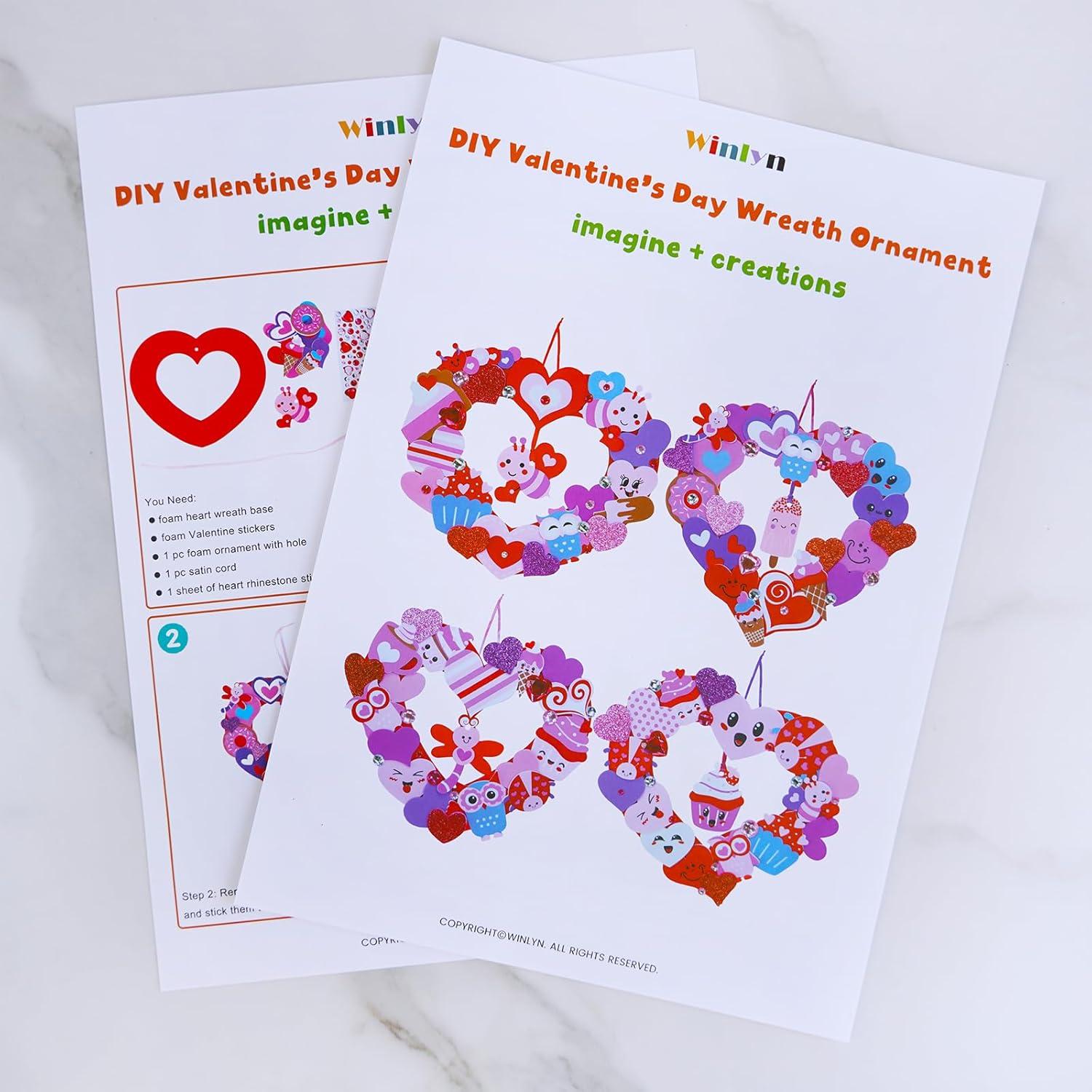 imageWinlyn 12 Sets Heart Wreath Ornaments Decorations Valentine Crafts Kits Heart Shaped Wreath Art Sets Valentine Heart Foam Stickers for Kids Valentines Day Party Classroom Activities Gift Exchange