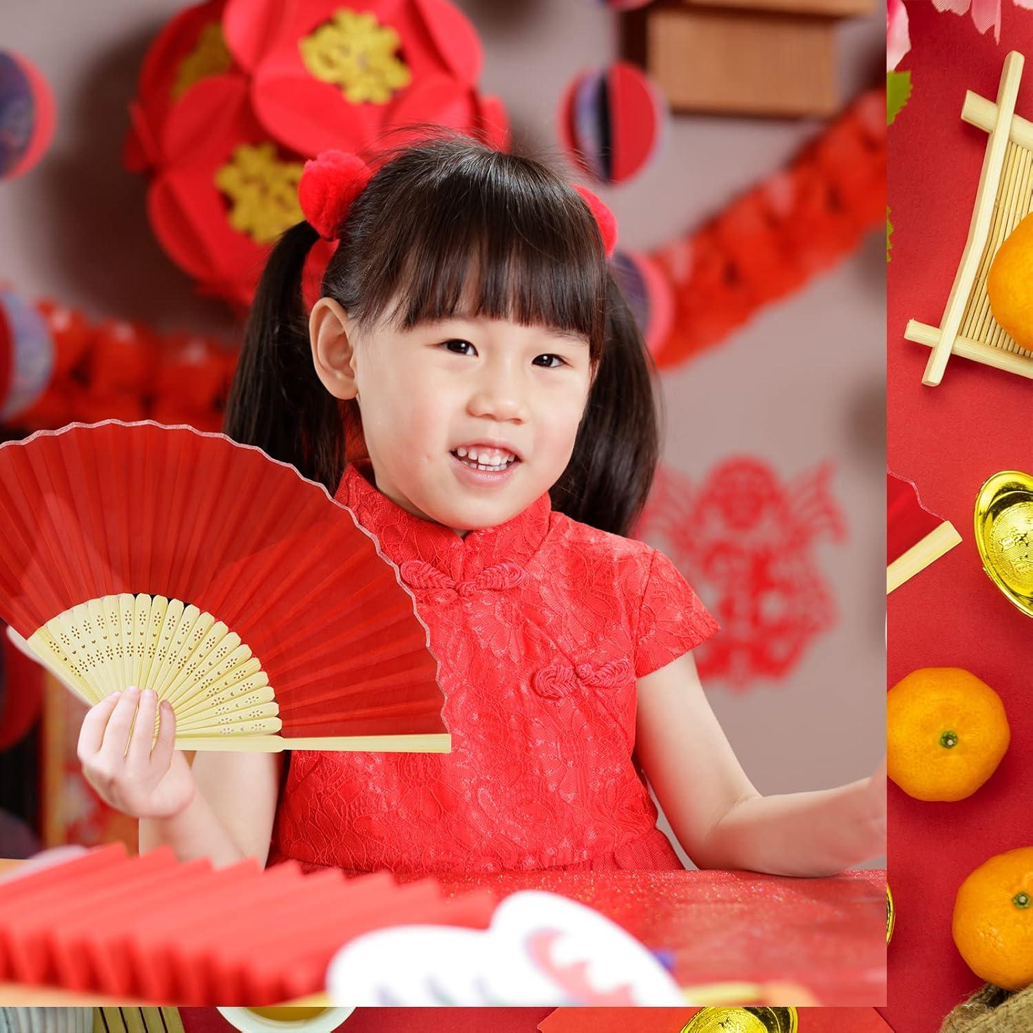 imageWinlyn 12 Sets Red Silk Hand Fans Chinese Handheld Silk Fans Bamboo Folding Fans Oriental Hand Fans with Bags for Asian Chinese Lunar New Year Party Favors Gift Dance Wedding Festival Holiday Decor