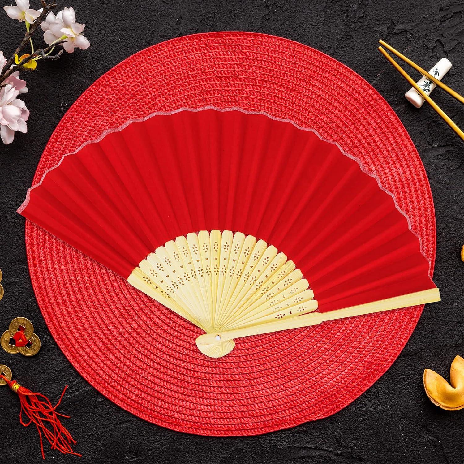 imageWinlyn 12 Sets Red Silk Hand Fans Chinese Handheld Silk Fans Bamboo Folding Fans Oriental Hand Fans with Bags for Asian Chinese Lunar New Year Party Favors Gift Dance Wedding Festival Holiday Decor