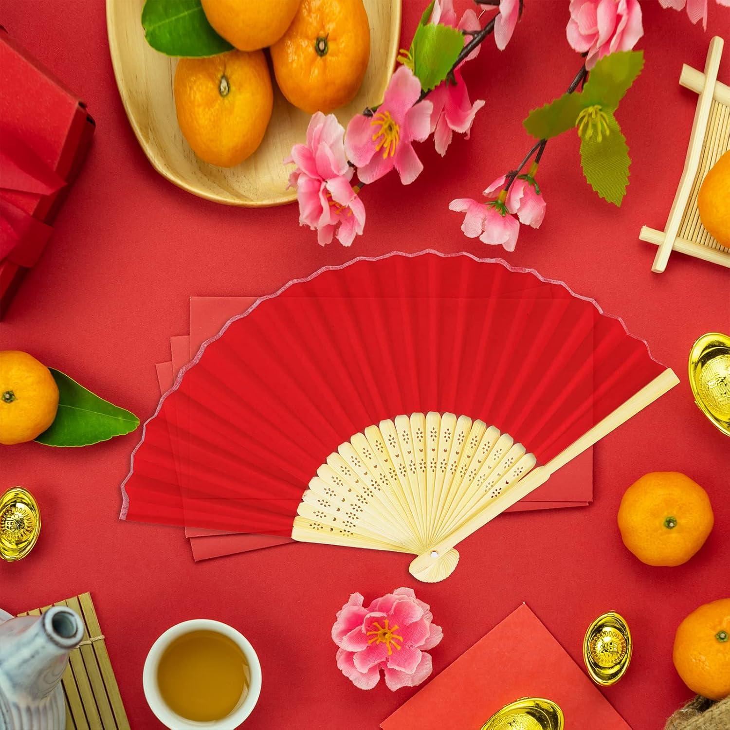 imageWinlyn 12 Sets Red Silk Hand Fans Chinese Handheld Silk Fans Bamboo Folding Fans Oriental Hand Fans with Bags for Asian Chinese Lunar New Year Party Favors Gift Dance Wedding Festival Holiday Decor