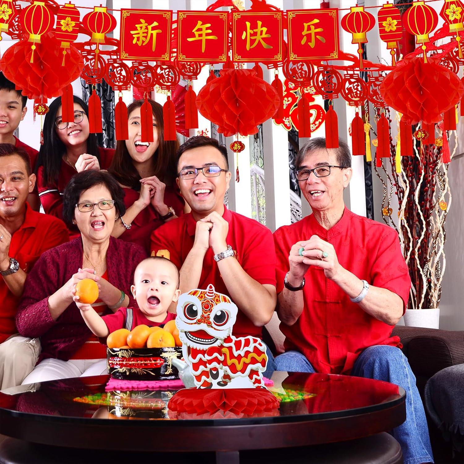 imageWinlyn 18 Pcs Chinese Lunar New Year Party Decorations Good Luck Honeycomb Centerpieces Hanging Red Lanterns Lucky Garland New Year Banner for Asian Vietnamese Tet Festival Wedding Horse Year 2026