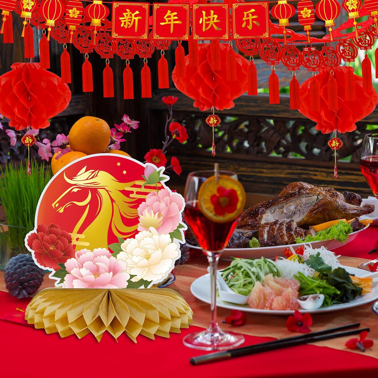 imageWinlyn 18 Pcs Chinese Lunar New Year Party Decorations Good Luck Honeycomb Centerpieces Hanging Red Lanterns Lucky Garland New Year Banner for Asian Vietnamese Tet Festival Wedding Horse Year 2026