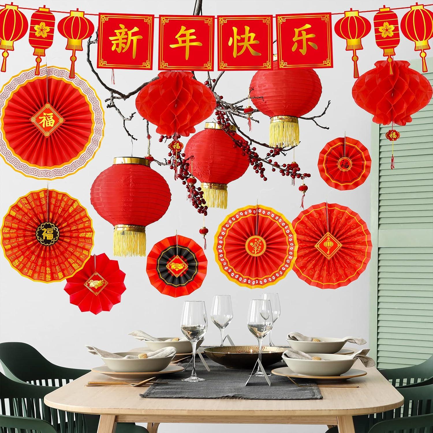 imageWinlyn 20 Pcs Bulk Chinese Lunar New Year Party Decorations Red Lanterns Oriental Hanging Lucky Paper Fans New Year Banner for Asian Vietnamese TET The Year of Horse Festival Wedding 2026 Decor