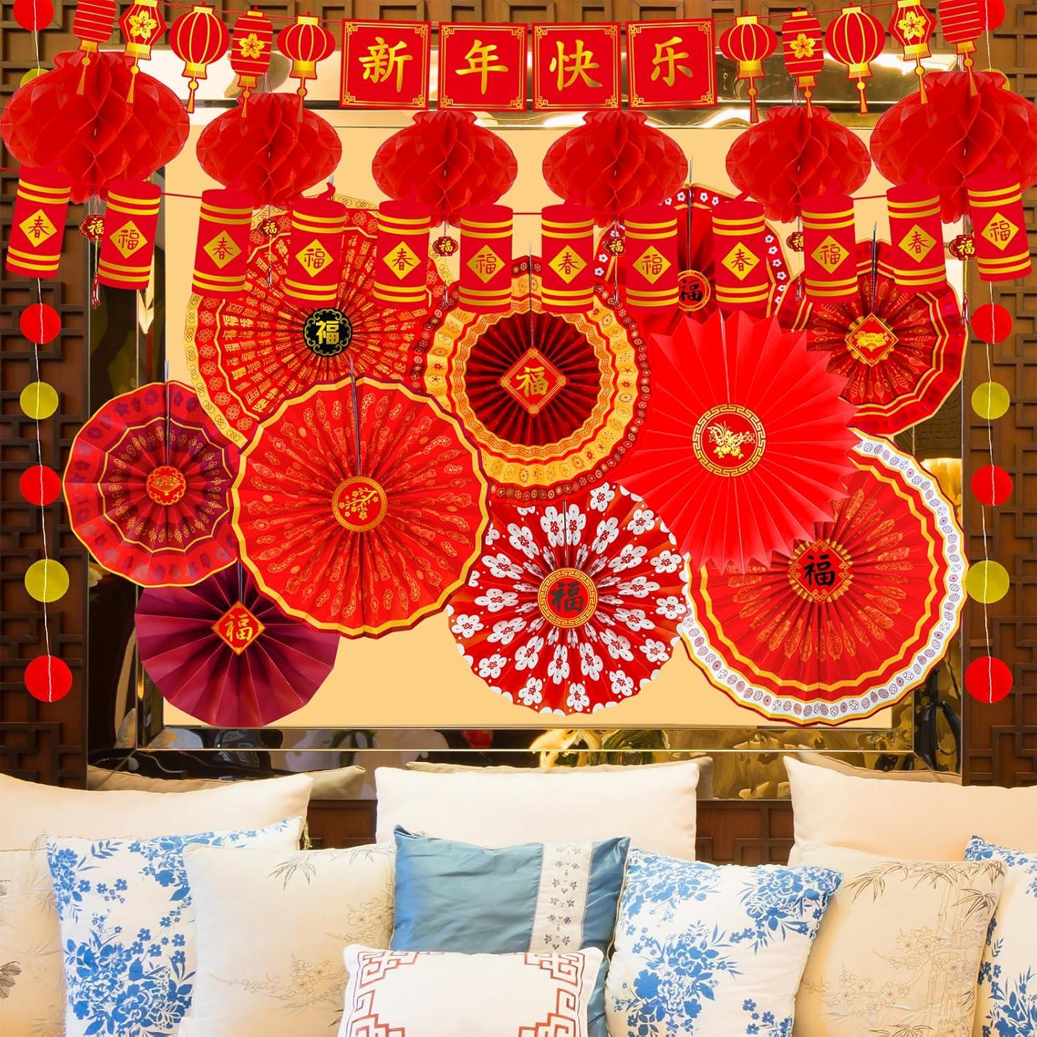 imageWinlyn 22 Pcs Bulk Chinese Red Lanterns Oriental Hanging Lucky Paper Fans New Year Banner for Asian Lunar New Year The Year of Horse Festival Wedding 2026 Decor