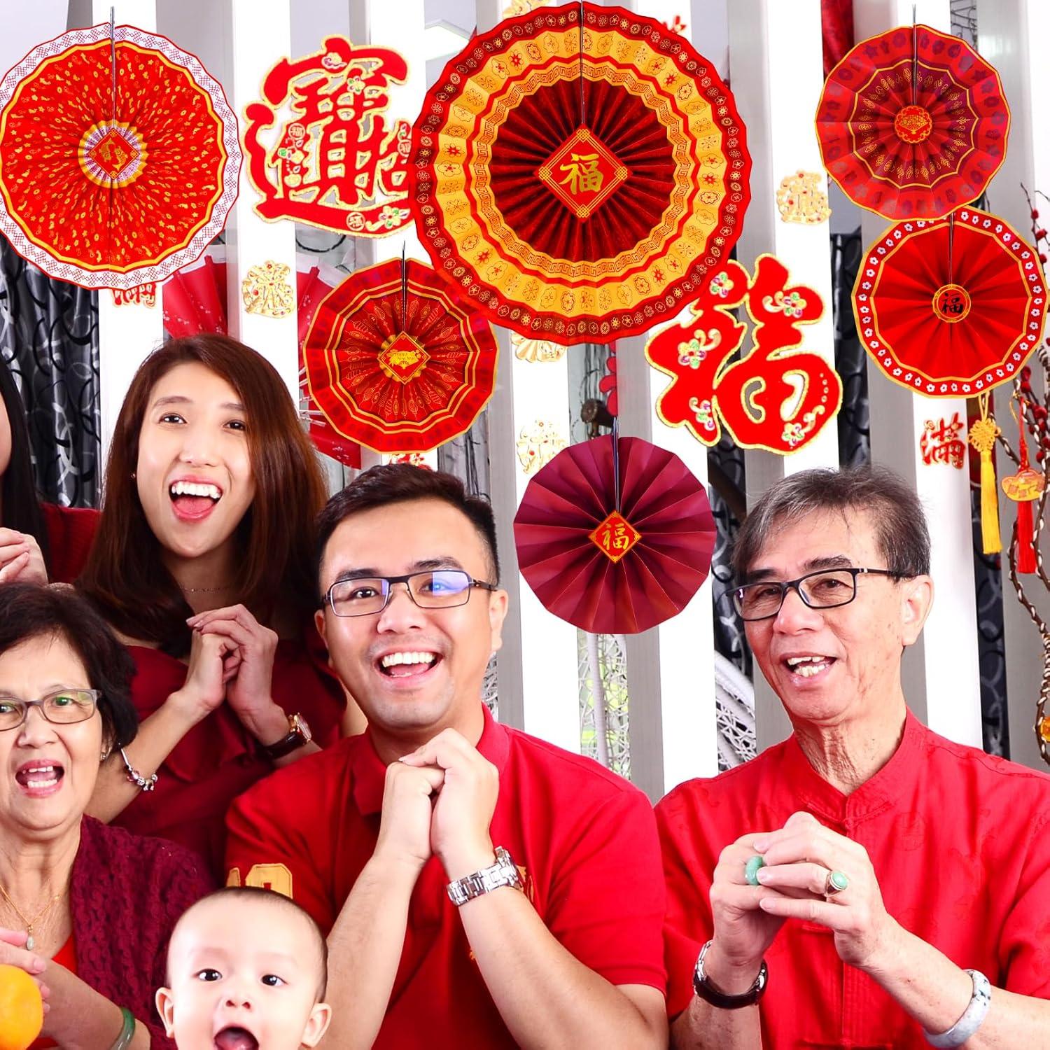 imageWinlyn 22 Pcs Bulk Chinese Red Lanterns Oriental Hanging Lucky Paper Fans New Year Banner for Asian Lunar New Year The Year of Horse Festival Wedding 2026 Decor