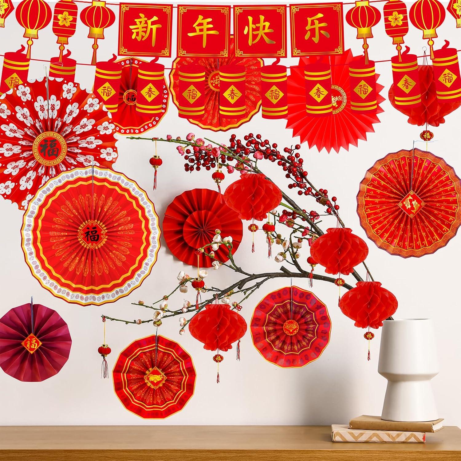 imageWinlyn 22 Pcs Bulk Chinese Red Lanterns Oriental Hanging Lucky Paper Fans New Year Banner for Asian Lunar New Year The Year of Horse Festival Wedding 2026 Decor