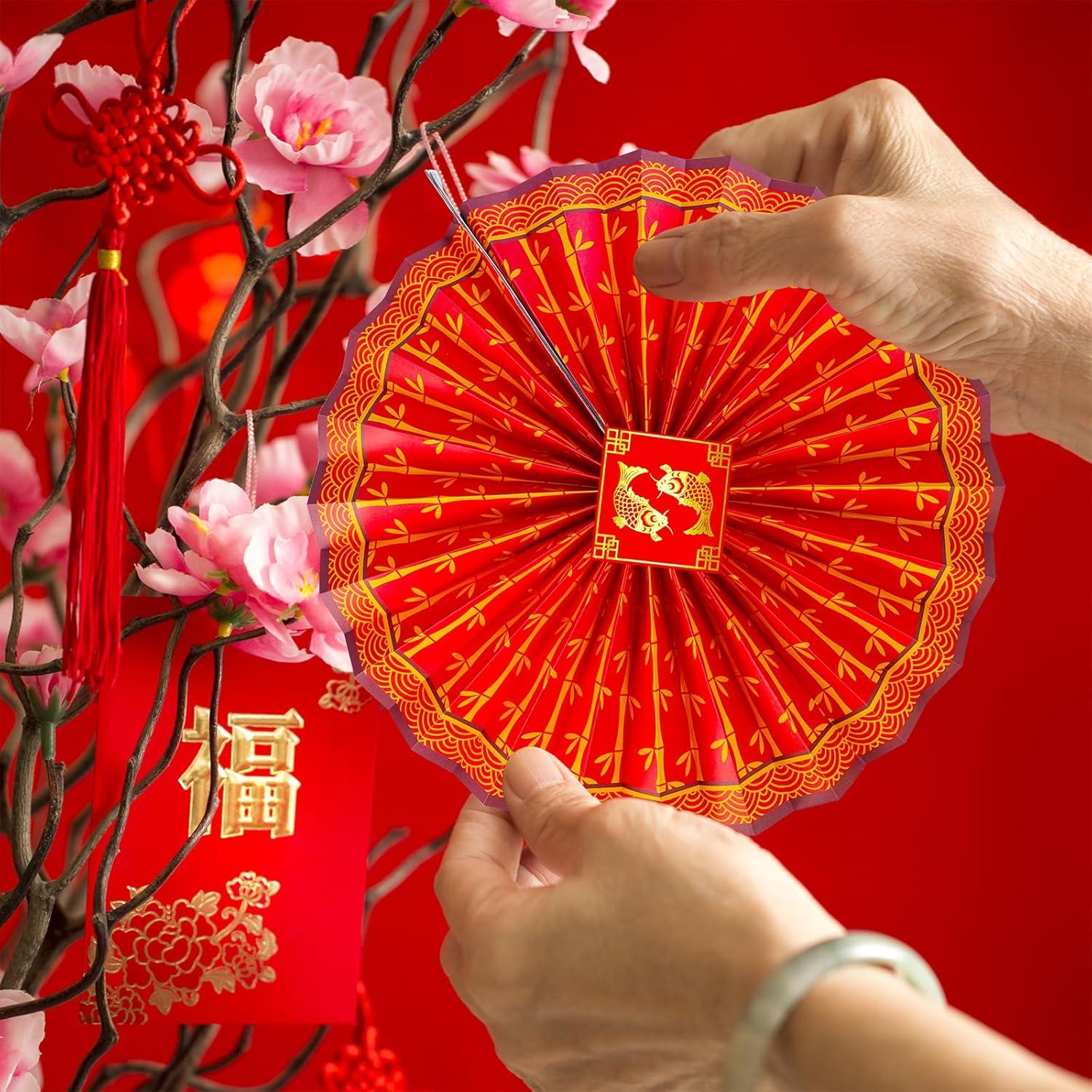 imageWinlyn 22 Pcs Bulk Chinese Red Lanterns Oriental Hanging Lucky Paper Fans New Year Banner for Asian Lunar New Year The Year of Horse Festival Wedding 2026 Decor