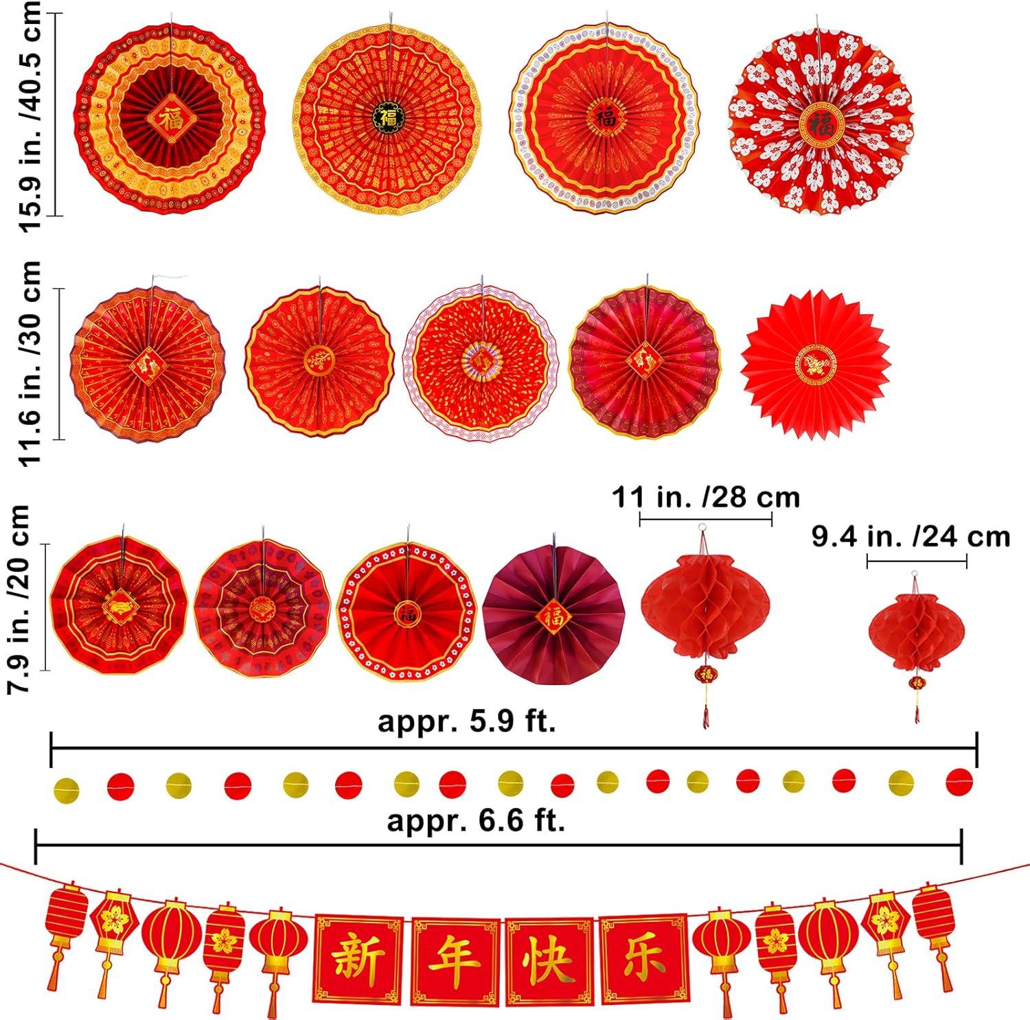 imageWinlyn 22 Pcs Bulk Chinese Red Lanterns Oriental Hanging Lucky Paper Fans New Year Banner for Asian Lunar New Year The Year of Horse Festival Wedding 2026 Decor