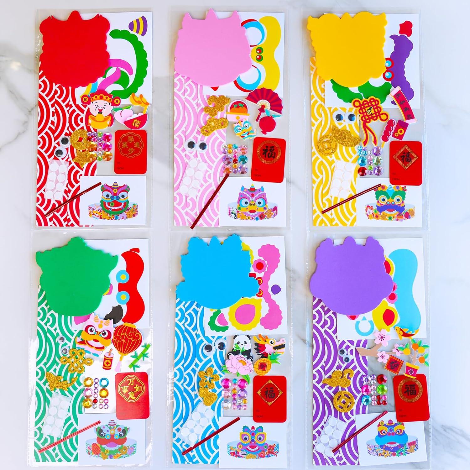 imageWinlyn 24 Sets Chinese New Year Craft Kits DIY Lion Dance Headband Crafts Lunar New Year Crown Art Sets Festive Foam Stickers Arts and Crafts for Kids Asian Classroom Activities Party Favors