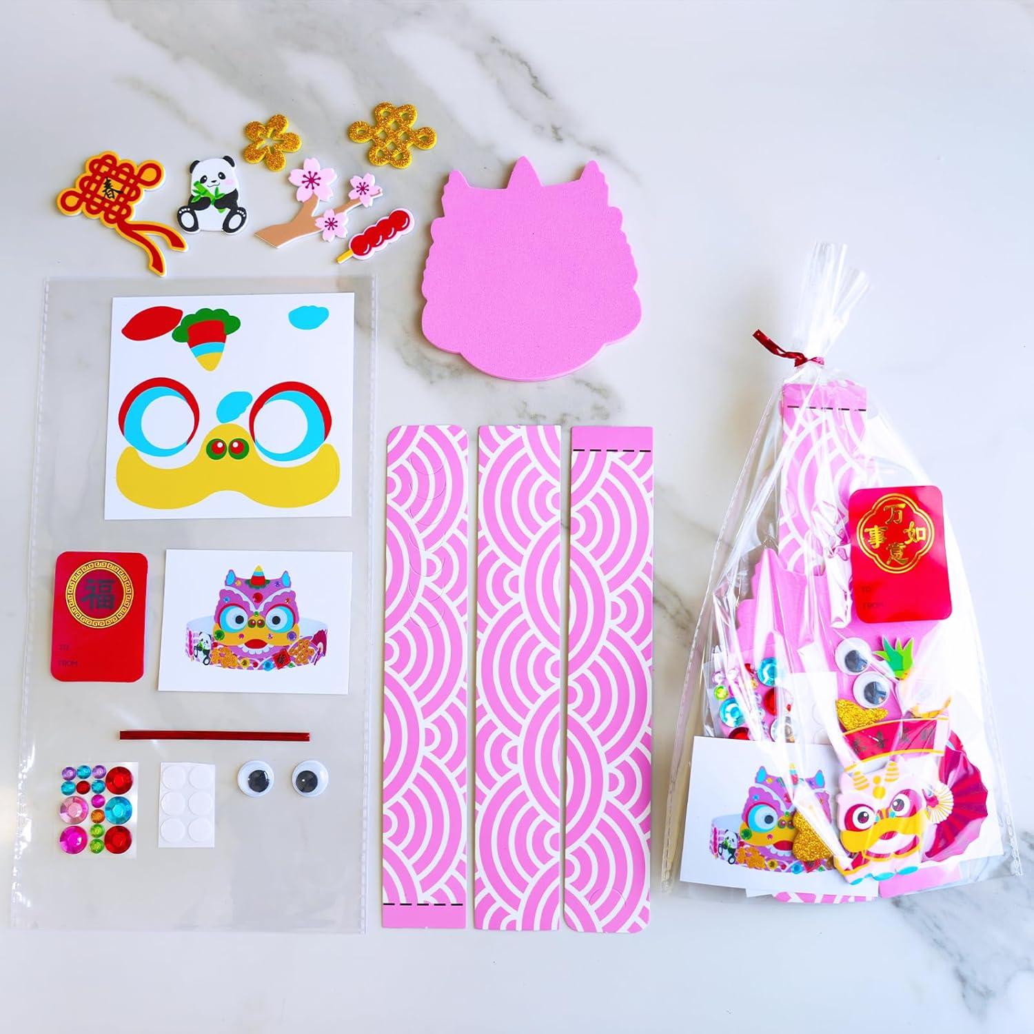 imageWinlyn 24 Sets Chinese New Year Craft Kits DIY Lion Dance Headband Crafts Lunar New Year Crown Art Sets Festive Foam Stickers Arts and Crafts for Kids Asian Classroom Activities Party Favors