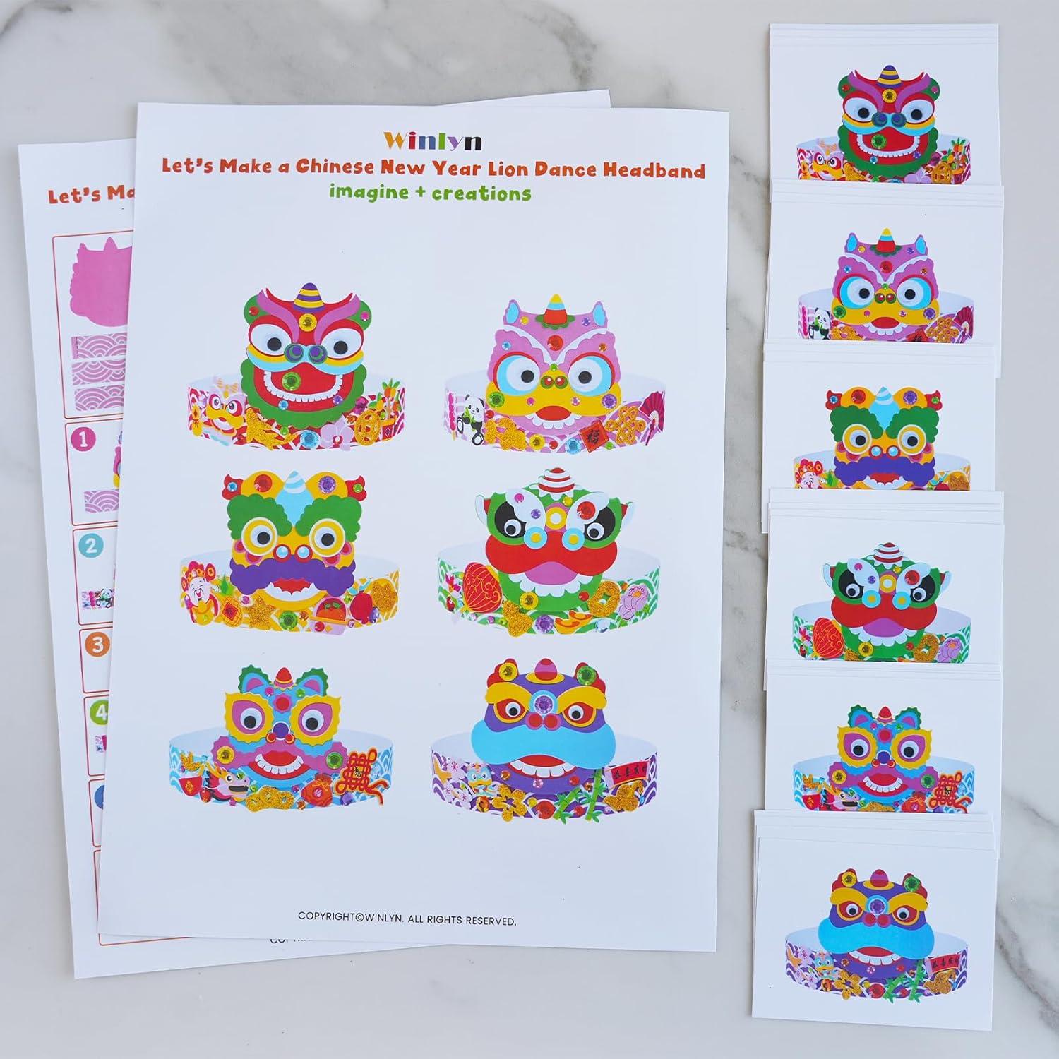 imageWinlyn 24 Sets Chinese New Year Craft Kits DIY Lion Dance Headband Crafts Lunar New Year Crown Art Sets Festive Foam Stickers Arts and Crafts for Kids Asian Classroom Activities Party Favors