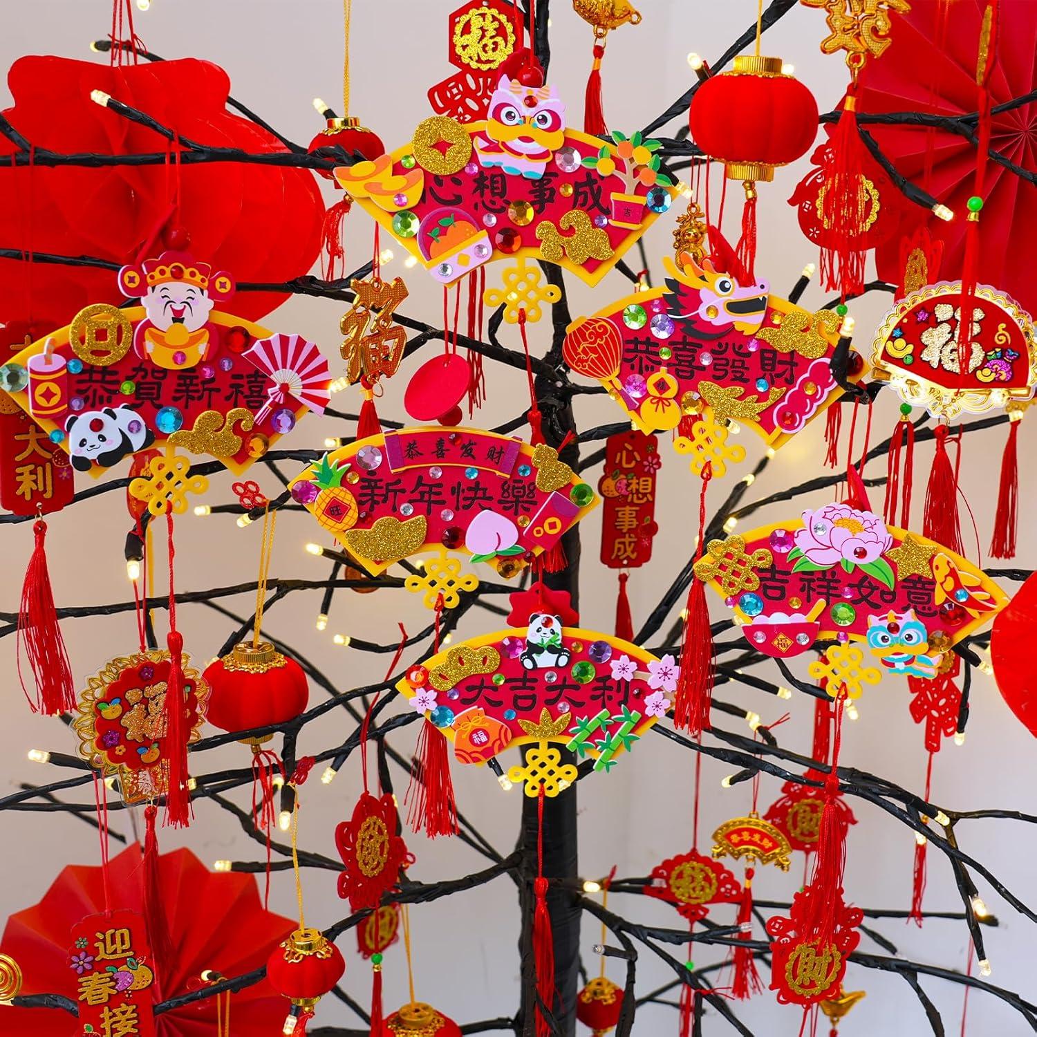 imageWinlyn 24 Sets Chinese New Year Decorations DIY FanShaped Good Luck Knot Tassel Ornaments Craft Kits Foam Stickers Arts and Crafts for Kids Oriental Classroom Activities Party Favors Gift Exchange