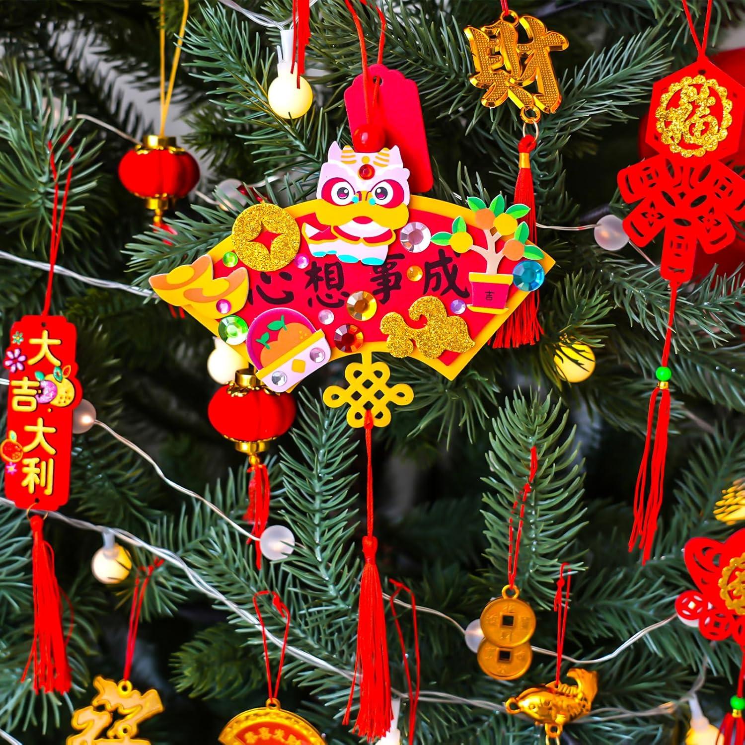 imageWinlyn 24 Sets Chinese New Year Decorations DIY FanShaped Good Luck Knot Tassel Ornaments Craft Kits Foam Stickers Arts and Crafts for Kids Oriental Classroom Activities Party Favors Gift Exchange