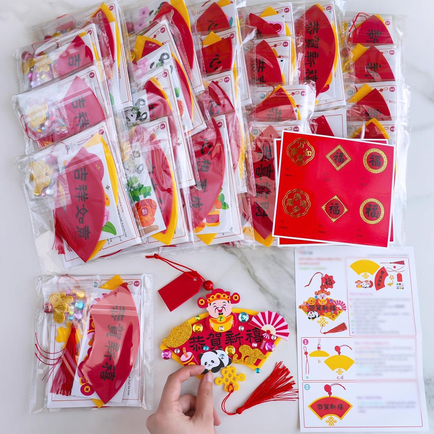 imageWinlyn 24 Sets Chinese New Year Decorations DIY FanShaped Good Luck Knot Tassel Ornaments Craft Kits Foam Stickers Arts and Crafts for Kids Oriental Classroom Activities Party Favors Gift Exchange