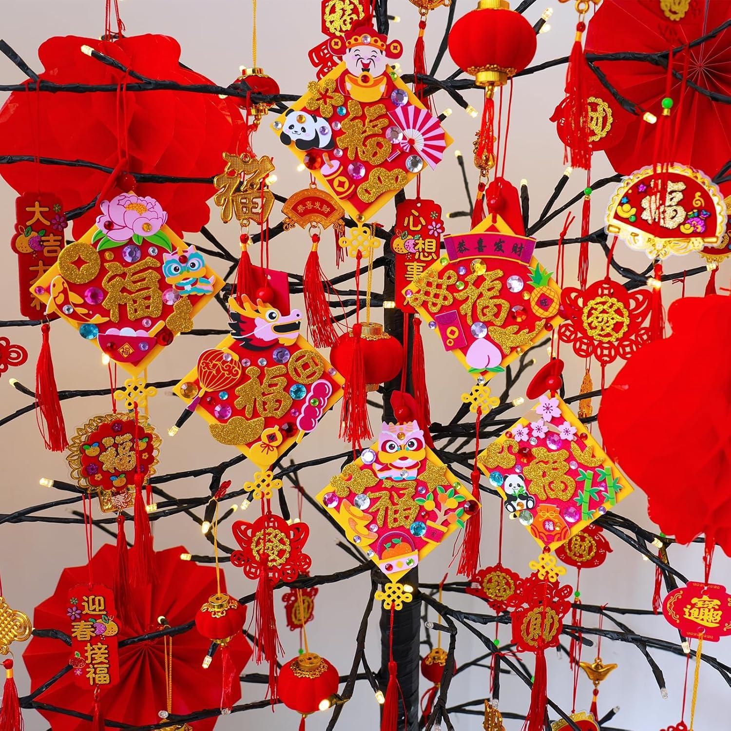 imageWinlyn 24 Sets Chinese New Year Decorations DIY Fu Good Luck Knot Tassel Ornaments Craft Kits Festive Foam Stickers Arts and Crafts for Kids Oriental Classroom Activities Party Favors Gift Exchange