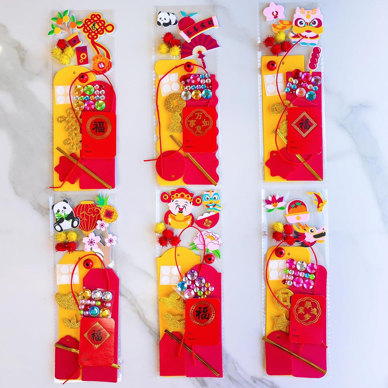 imageWinlyn 24 Sets Chinese New Year Decorations DIY Good Luck Bookmarks Craft Kits Blank Foam Bookmarks with Lunar New Year Stickers for Kids Asian Classroom Activities Reading Party Favors Gift Exchange