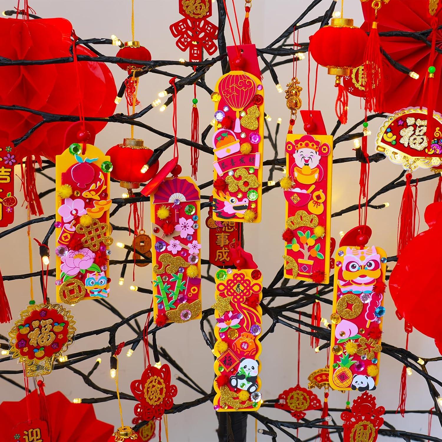 imageWinlyn 24 Sets Chinese New Year Decorations DIY Good Luck Bookmarks Craft Kits Blank Foam Bookmarks with Lunar New Year Stickers for Kids Asian Classroom Activities Reading Party Favors Gift Exchange