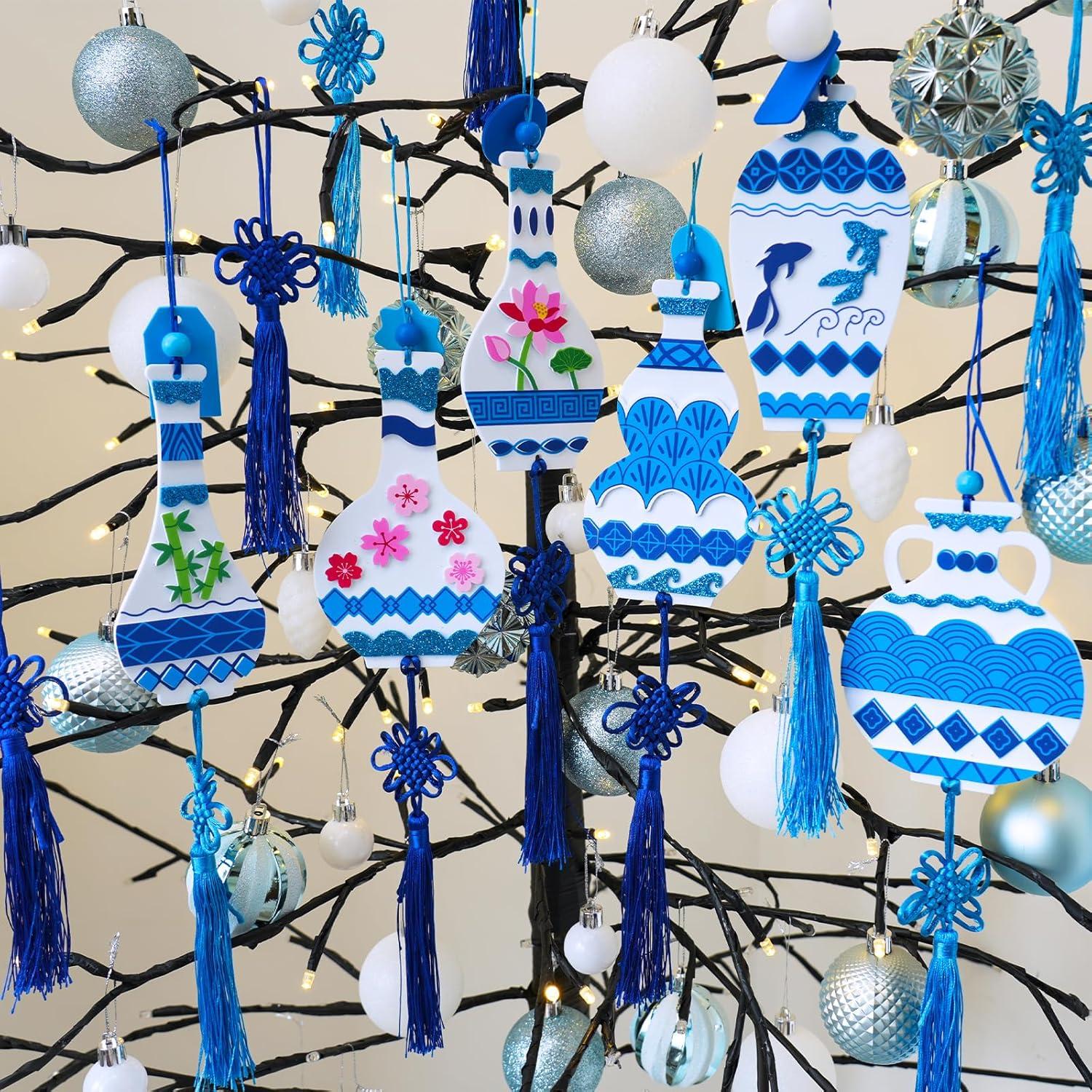 imageWinlyn 24 Sets Chinese New Year Decorations DIY Ming Vase Ornaments Craft Kits Blank Foam Vases with Blue and White Chinese Stickers for Kids Asian Classroom Activities Party Favors Gift Exchange