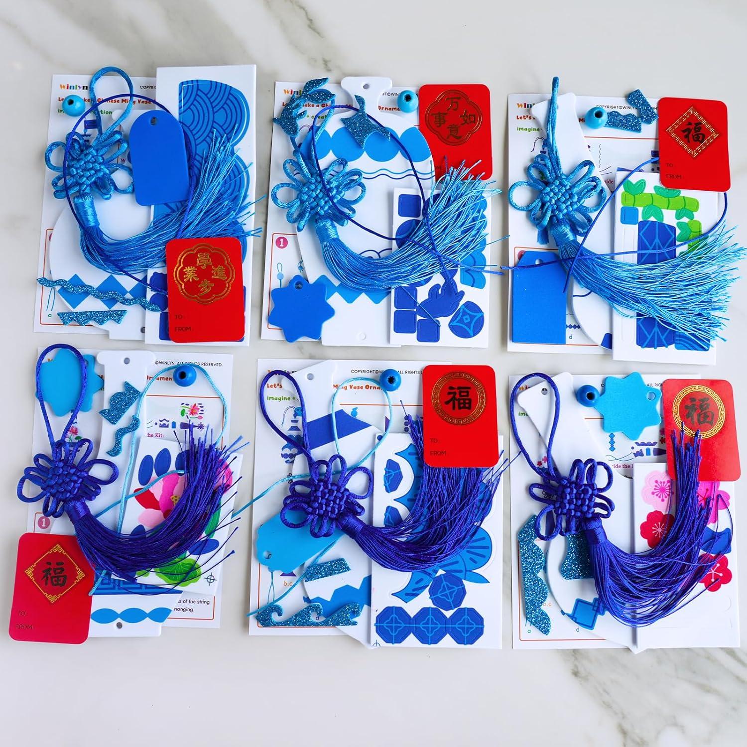 imageWinlyn 24 Sets Chinese New Year Decorations DIY Ming Vase Ornaments Craft Kits Blank Foam Vases with Blue and White Chinese Stickers for Kids Asian Classroom Activities Party Favors Gift Exchange