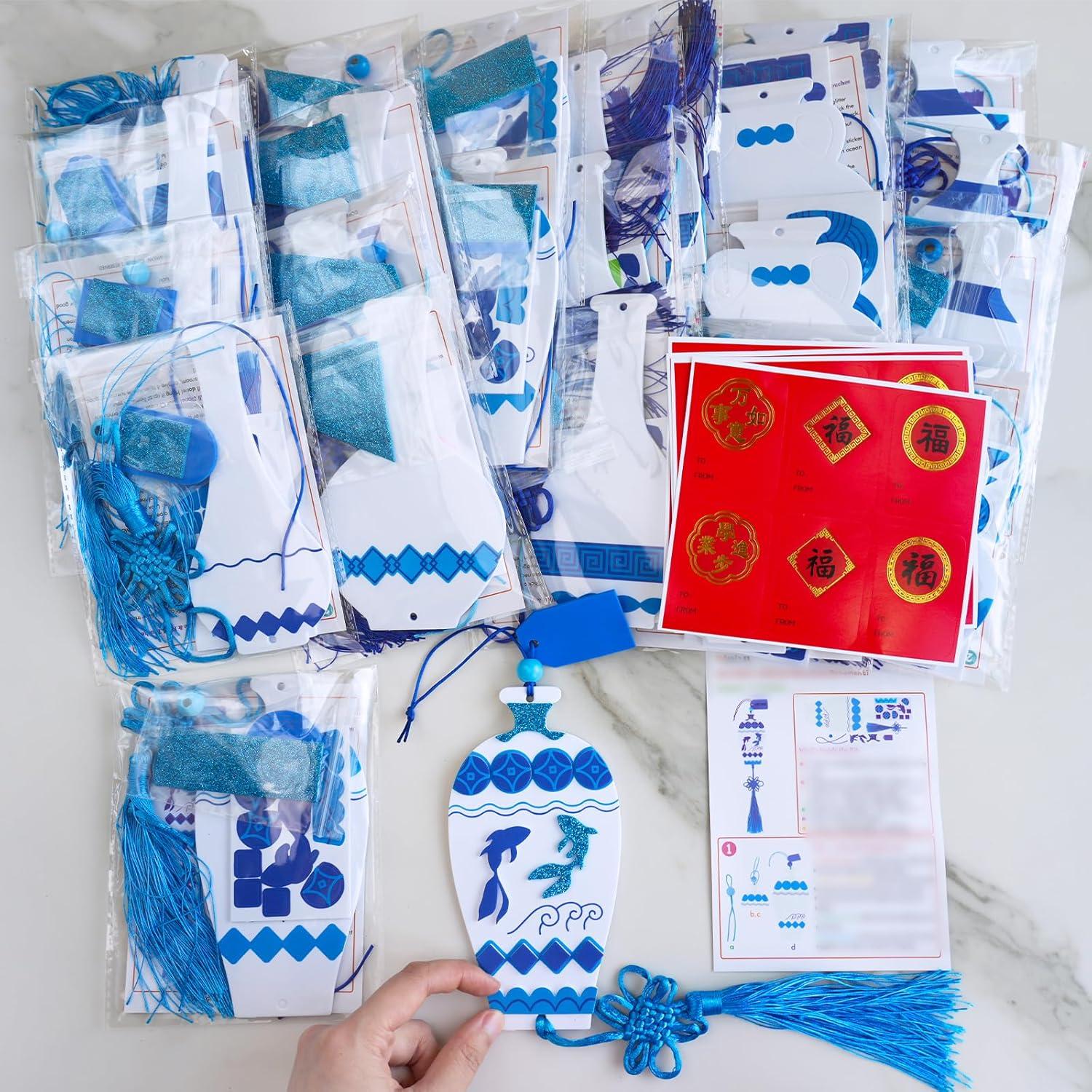imageWinlyn 24 Sets Chinese New Year Decorations DIY Ming Vase Ornaments Craft Kits Blank Foam Vases with Blue and White Chinese Stickers for Kids Asian Classroom Activities Party Favors Gift Exchange