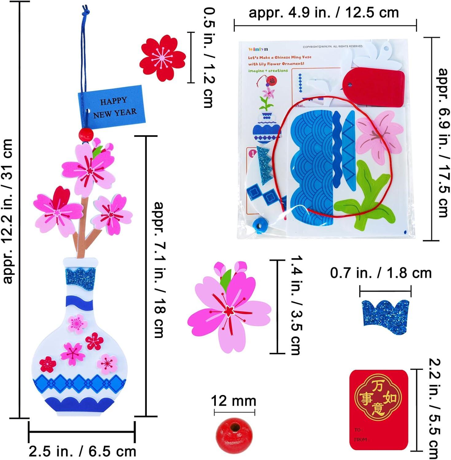 imageWinlyn 24 Sets Chinese New Year Decorations DIY Ming Vase with Flower Ornaments Craft Kits Peony Orchid Peach Flower Foam Stickers Arts and Crafts for Kids Oriental Classroom Activities Party Favors