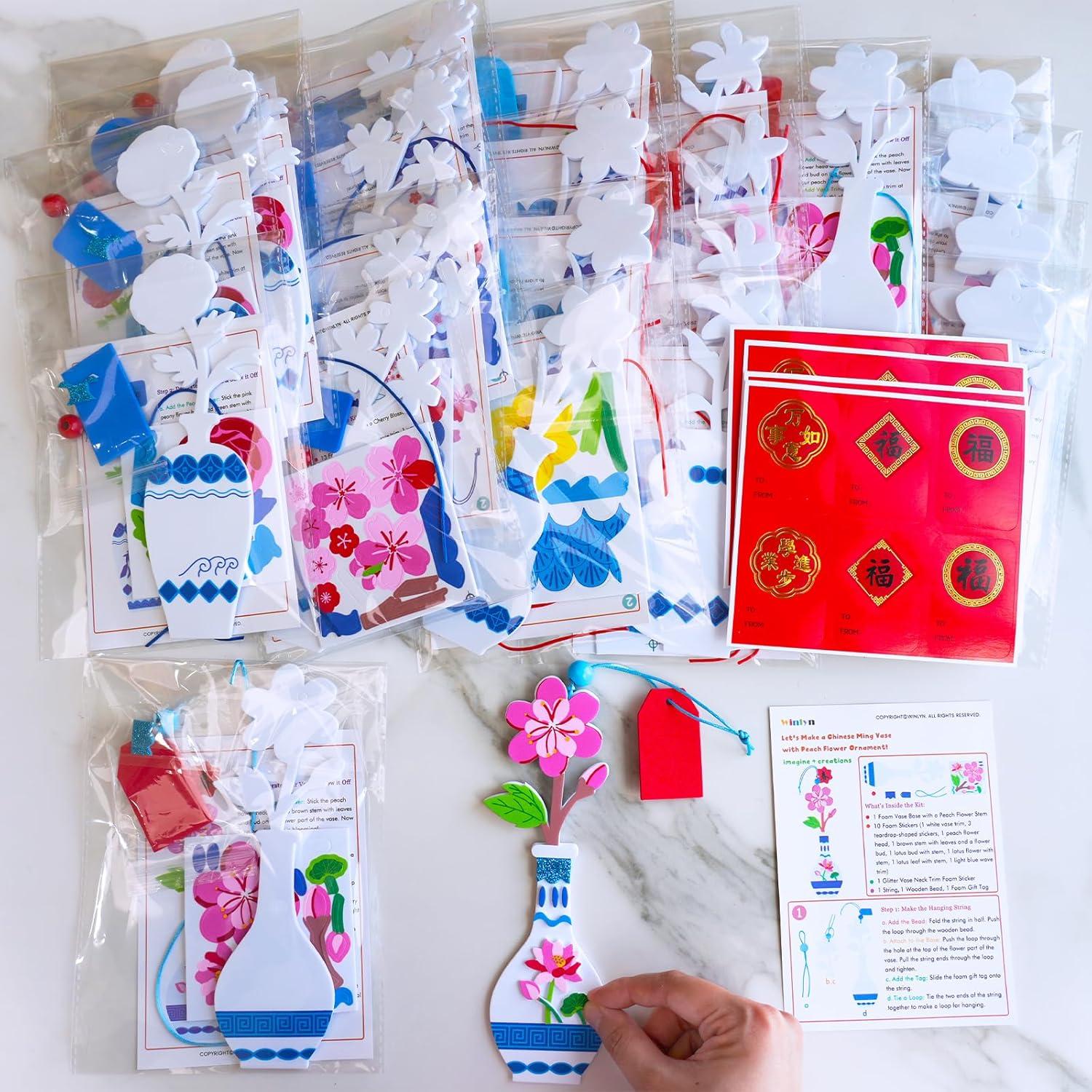 imageWinlyn 24 Sets Chinese New Year Decorations DIY Ming Vase with Flower Ornaments Craft Kits Peony Orchid Peach Flower Foam Stickers Arts and Crafts for Kids Oriental Classroom Activities Party Favors