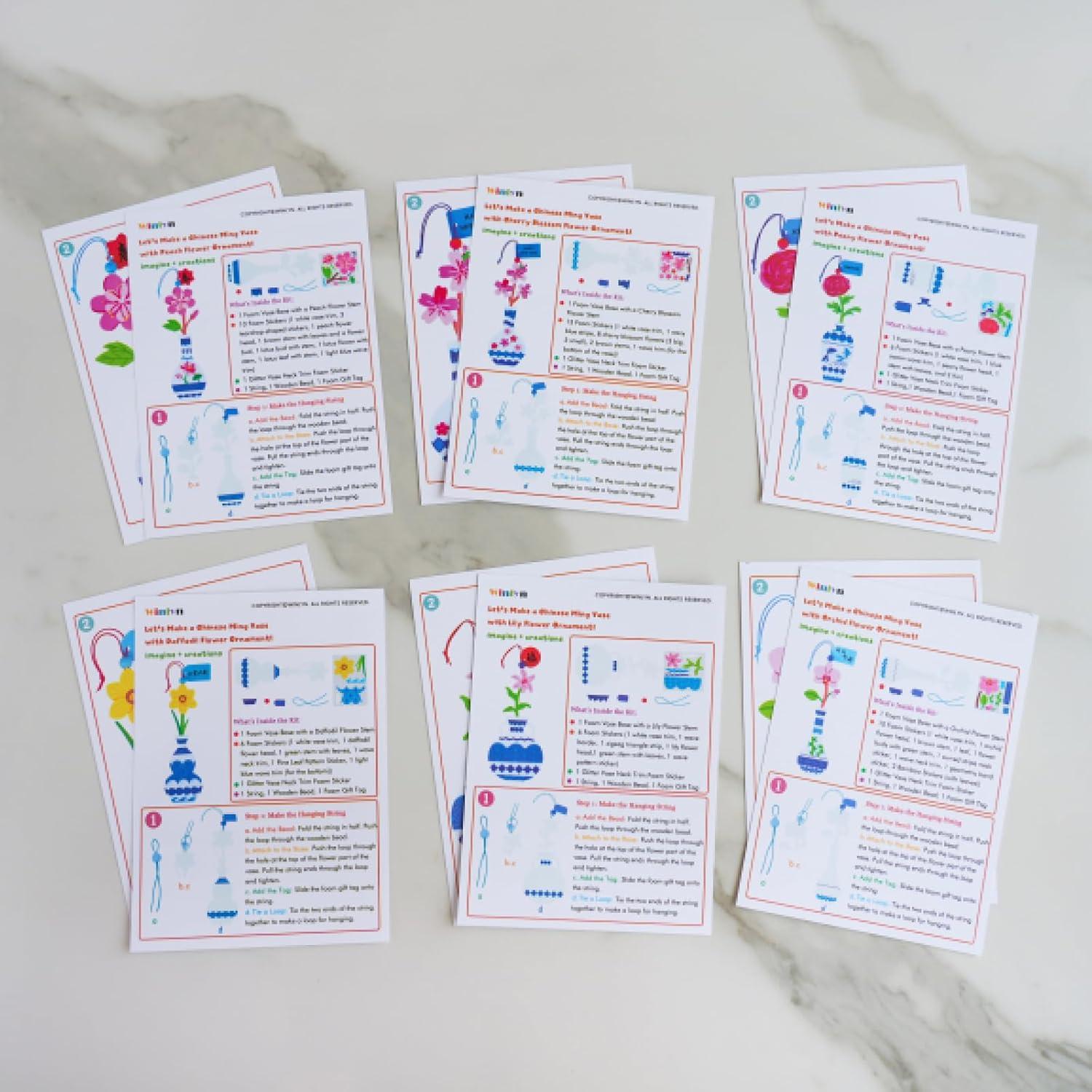 imageWinlyn 24 Sets Chinese New Year Decorations DIY Ming Vase with Flower Ornaments Craft Kits Peony Orchid Peach Flower Foam Stickers Arts and Crafts for Kids Oriental Classroom Activities Party Favors