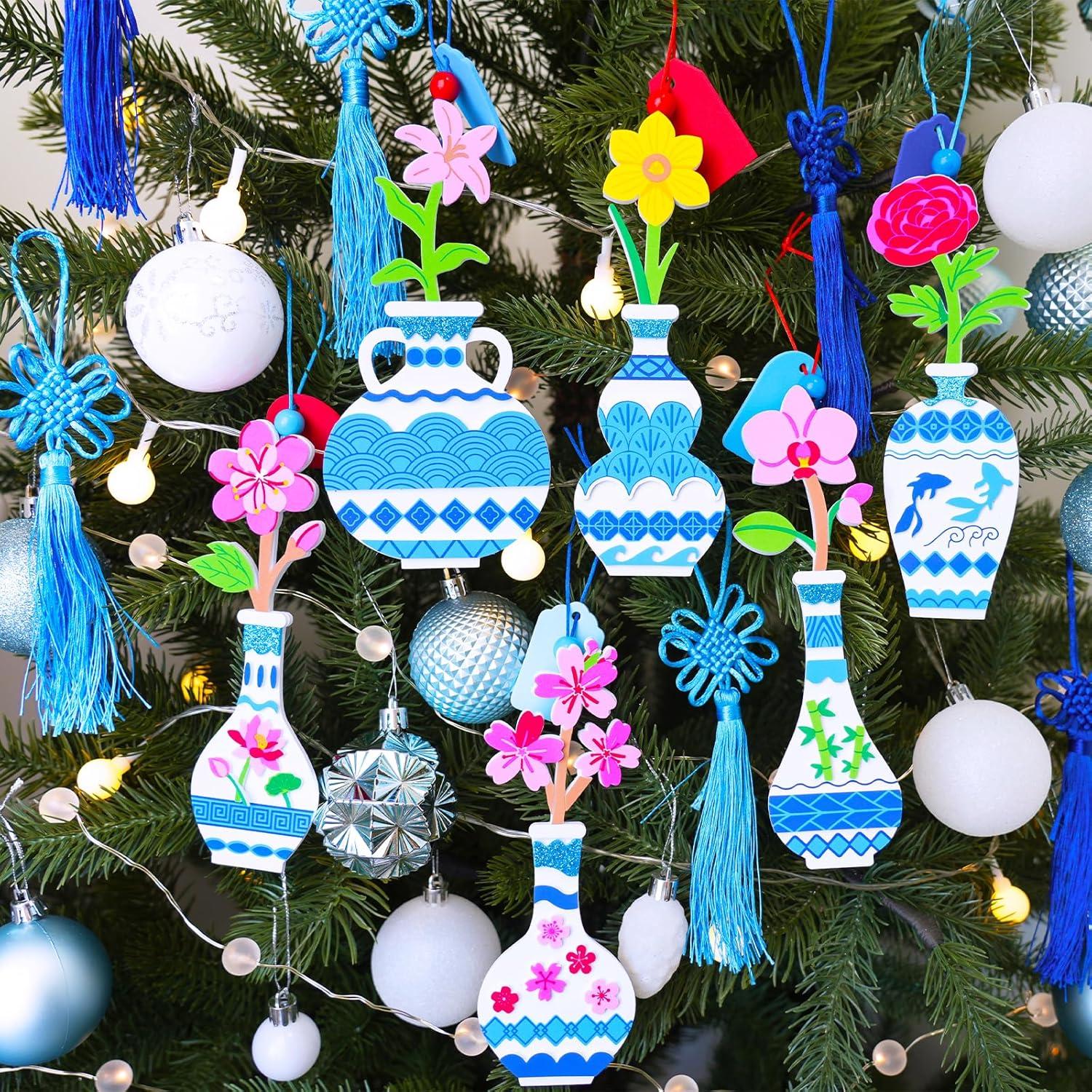 imageWinlyn 24 Sets Chinese New Year Decorations DIY Ming Vase with Flower Ornaments Craft Kits Peony Orchid Peach Flower Foam Stickers Arts and Crafts for Kids Oriental Classroom Activities Party Favors