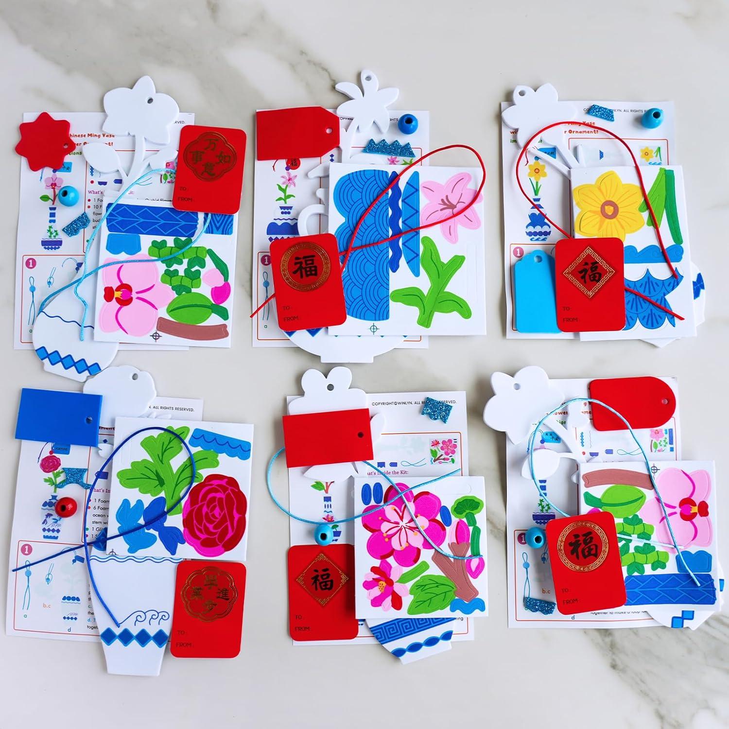 imageWinlyn 24 Sets Chinese New Year Decorations DIY Ming Vase with Flower Ornaments Craft Kits Peony Orchid Peach Flower Foam Stickers Arts and Crafts for Kids Oriental Classroom Activities Party Favors