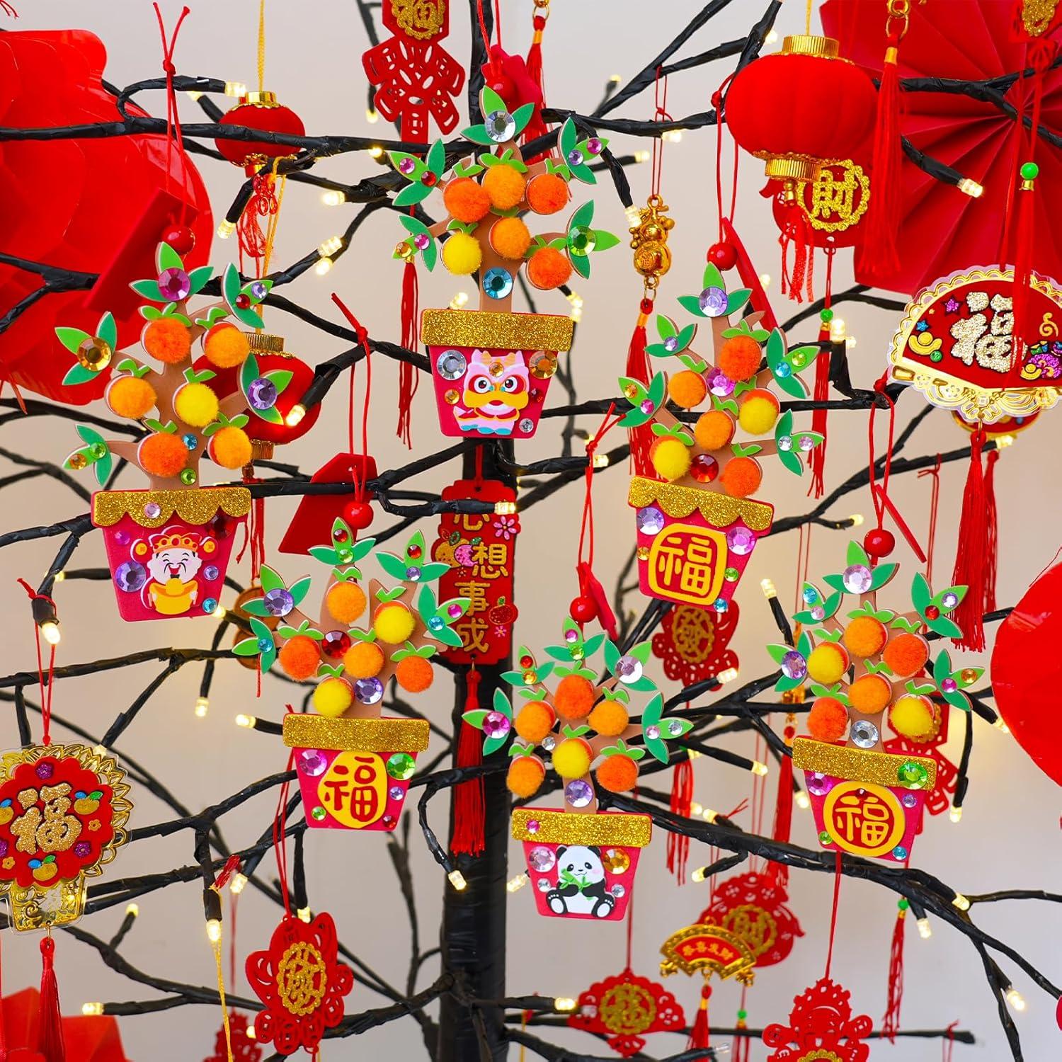 imageWinlyn 24 Sets Chinese New Year Decorations DIY Potted Orange Tree Money Tree Ornaments Craft Kits Foam Stickers Arts Crafts for Kids 2026 Horse Year Classroom Activities Party Favors Gift Exchange
