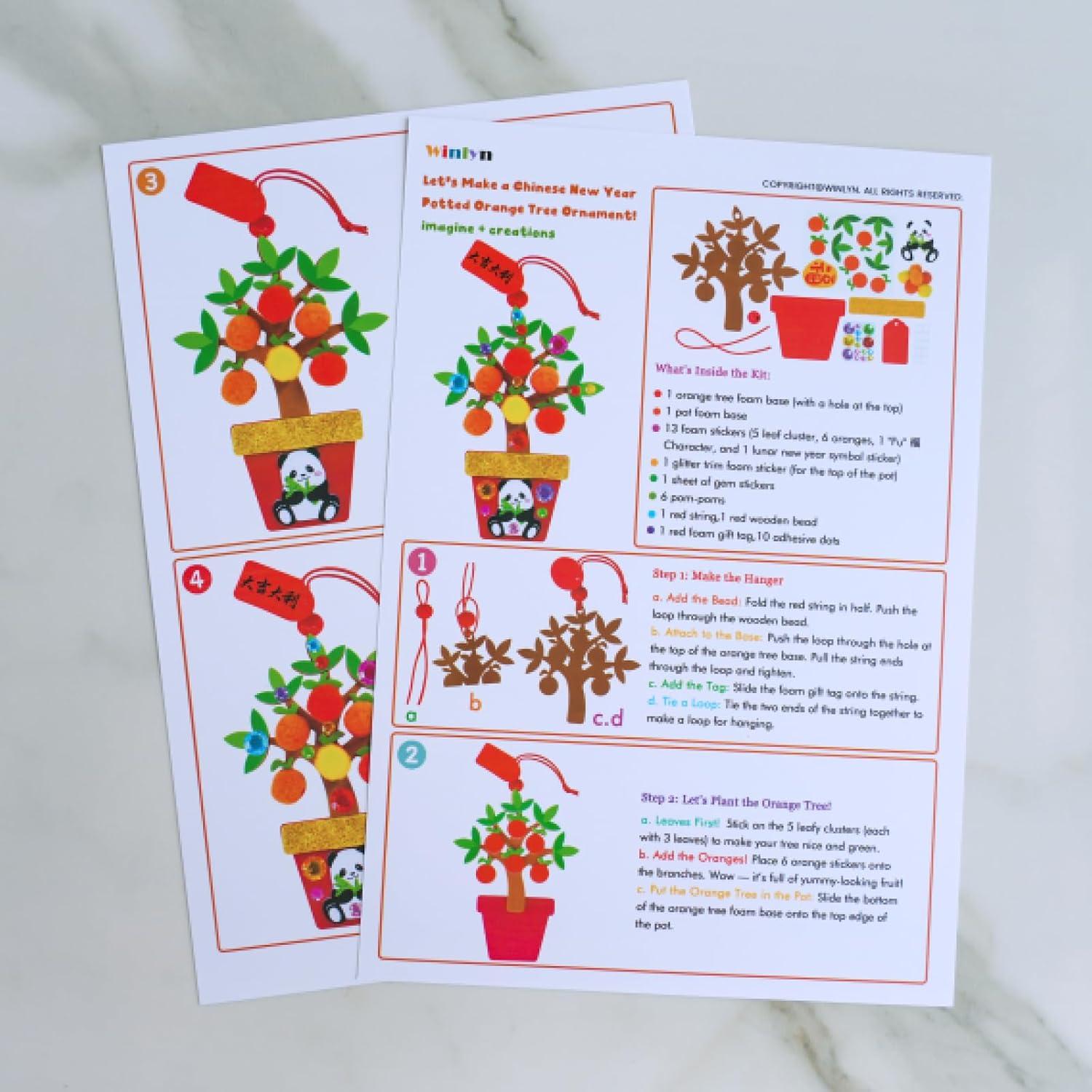 imageWinlyn 24 Sets Chinese New Year Decorations DIY Potted Orange Tree Money Tree Ornaments Craft Kits Foam Stickers Arts Crafts for Kids 2026 Horse Year Classroom Activities Party Favors Gift Exchange