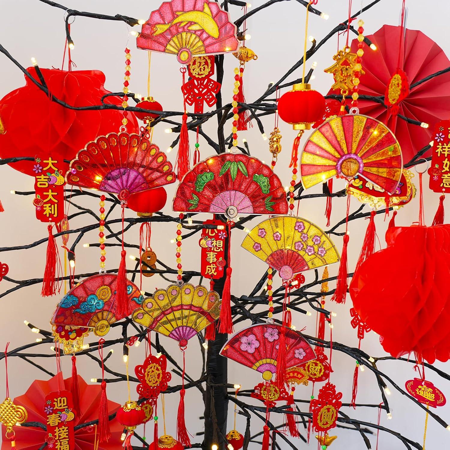 imageWinlyn 24 Sets Chinese New Year Fan Suncatcher Ornaments Decorations DIY Window Paint Art Craft Kits Sun Catchers Painting Kits for Kids Classroom Activities Lunar New Year Art Project Party Favors