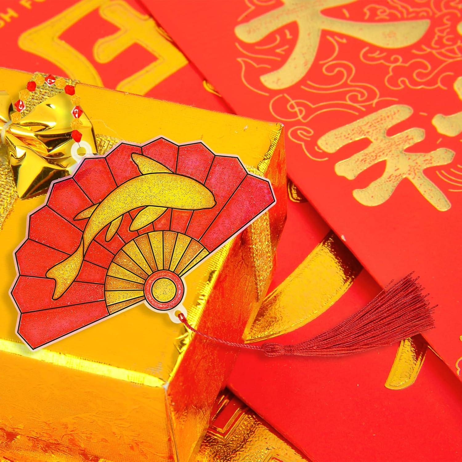 imageWinlyn 24 Sets Chinese New Year Fan Suncatcher Ornaments Decorations DIY Window Paint Art Craft Kits Sun Catchers Painting Kits for Kids Classroom Activities Lunar New Year Art Project Party Favors