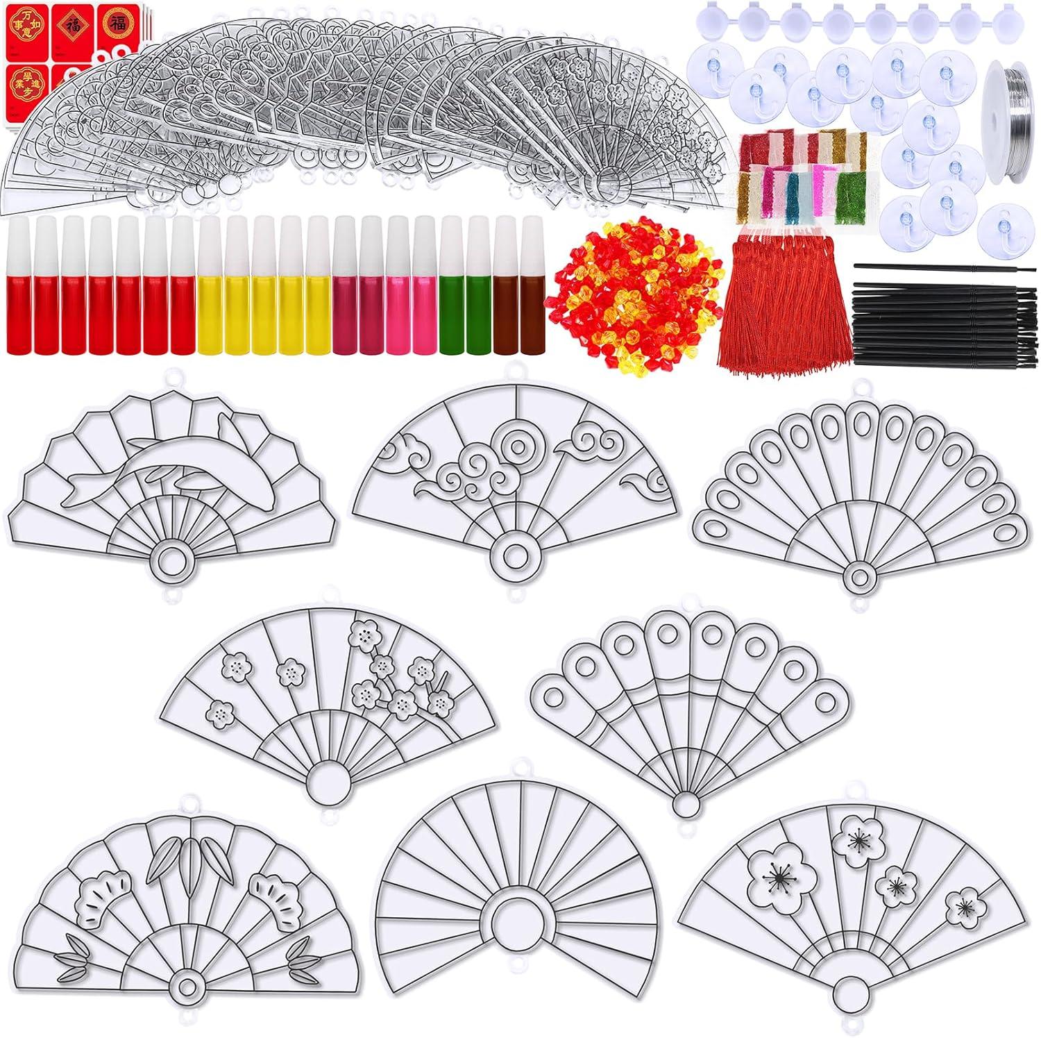 imageWinlyn 24 Sets Chinese New Year Fan Suncatcher Ornaments Decorations DIY Window Paint Art Craft Kits Sun Catchers Painting Kits for Kids Classroom Activities Lunar New Year Art Project Party Favors