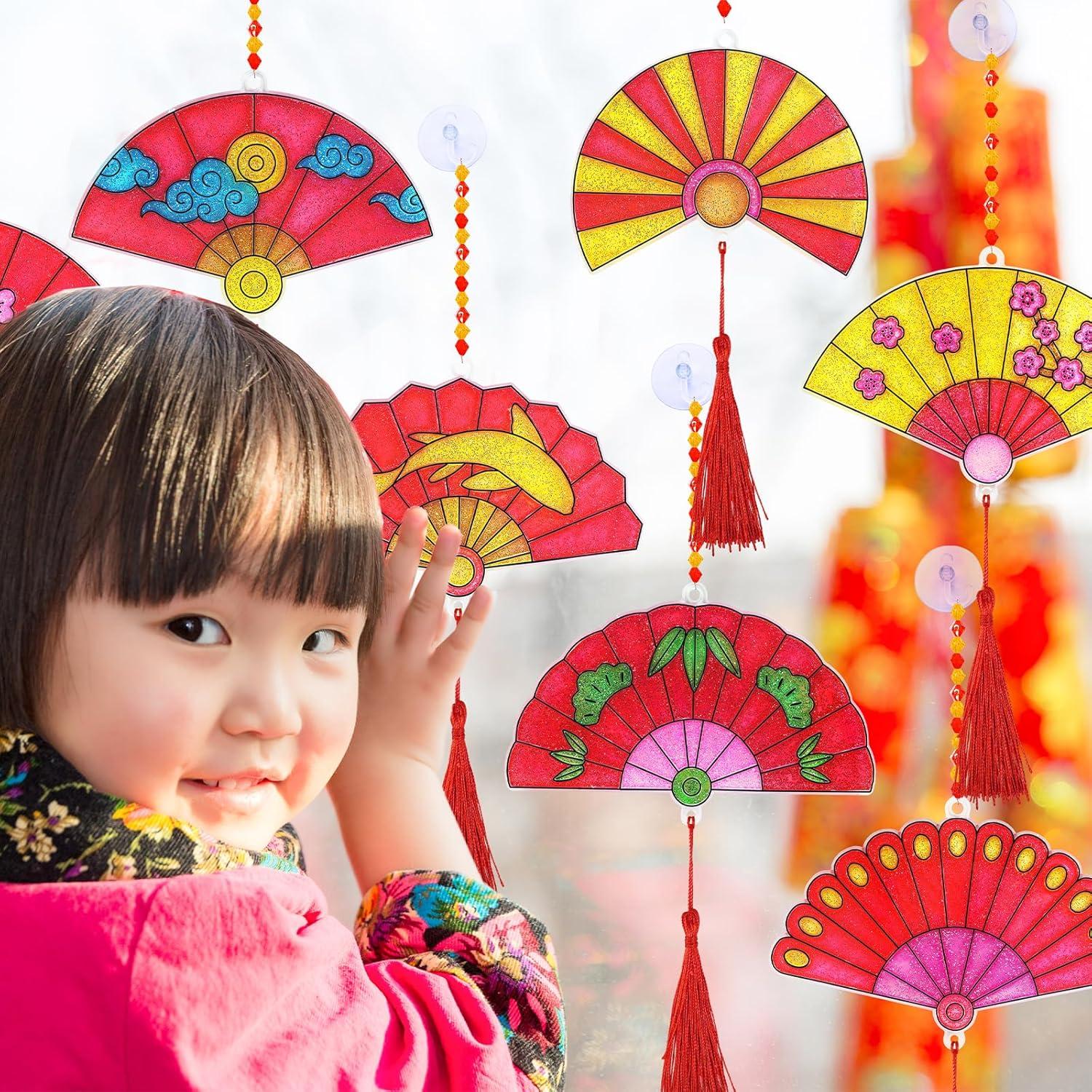 imageWinlyn 24 Sets Chinese New Year Fan Suncatcher Ornaments Decorations DIY Window Paint Art Craft Kits Sun Catchers Painting Kits for Kids Classroom Activities Lunar New Year Art Project Party Favors